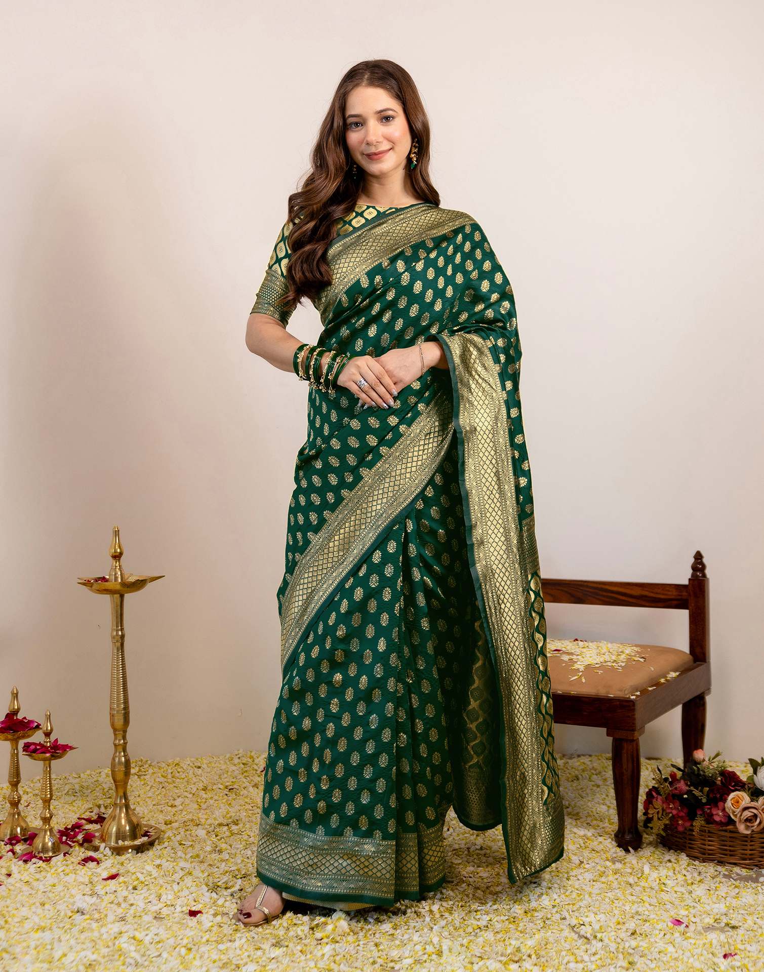 Green Silk Woven Banarasi Saree - Image 2