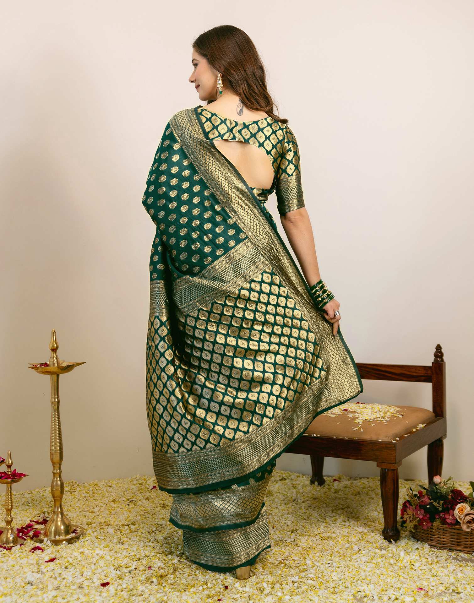 Green Silk Woven Banarasi Saree - Image 8
