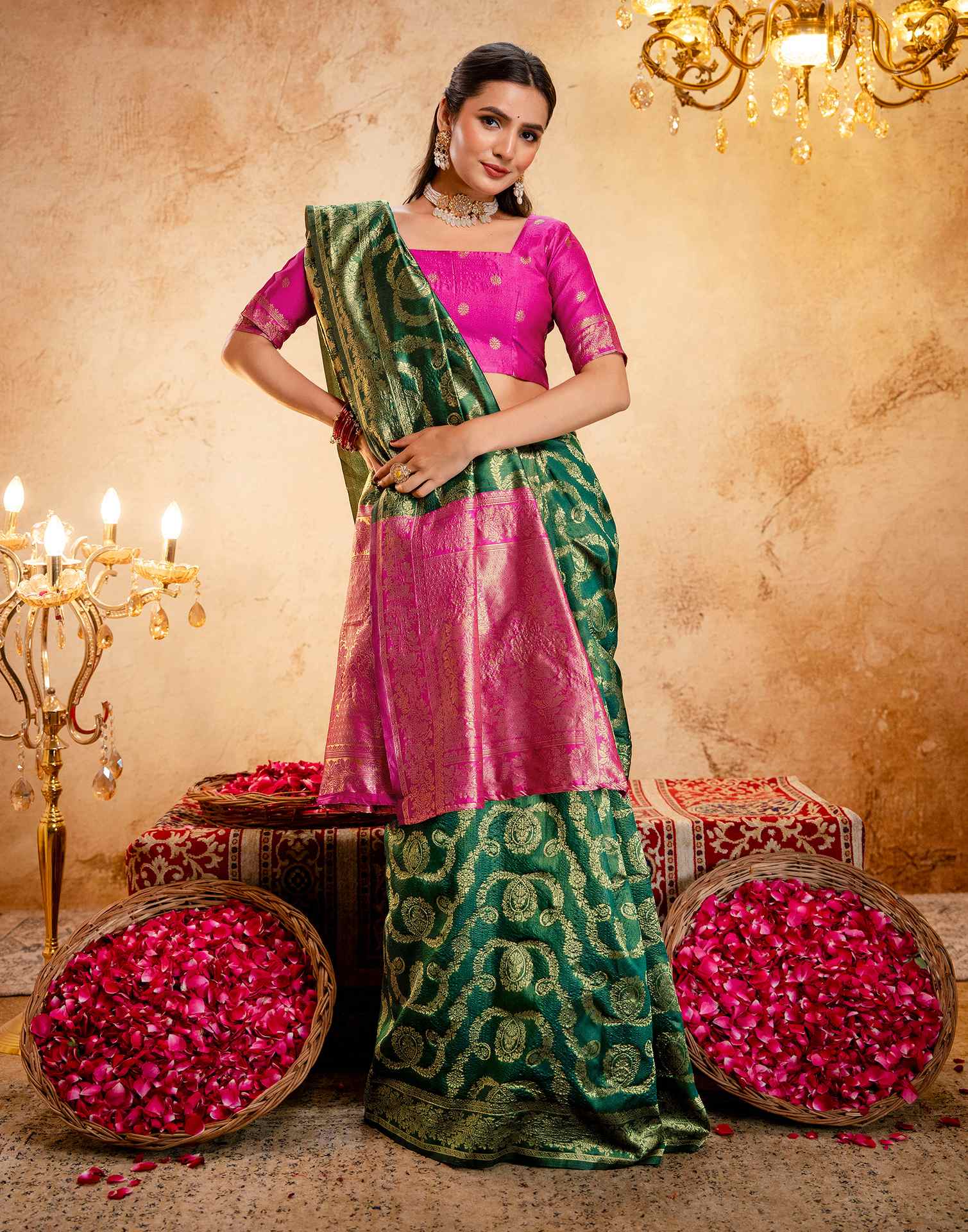 Green Silk Woven Banarasi Saree - Image 11