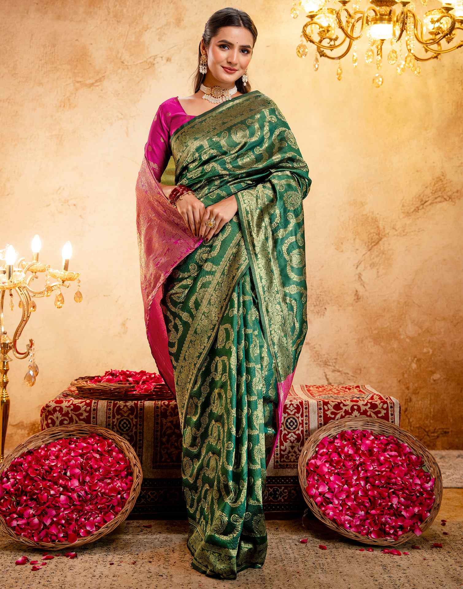Green Silk Woven Banarasi Saree - Image 6