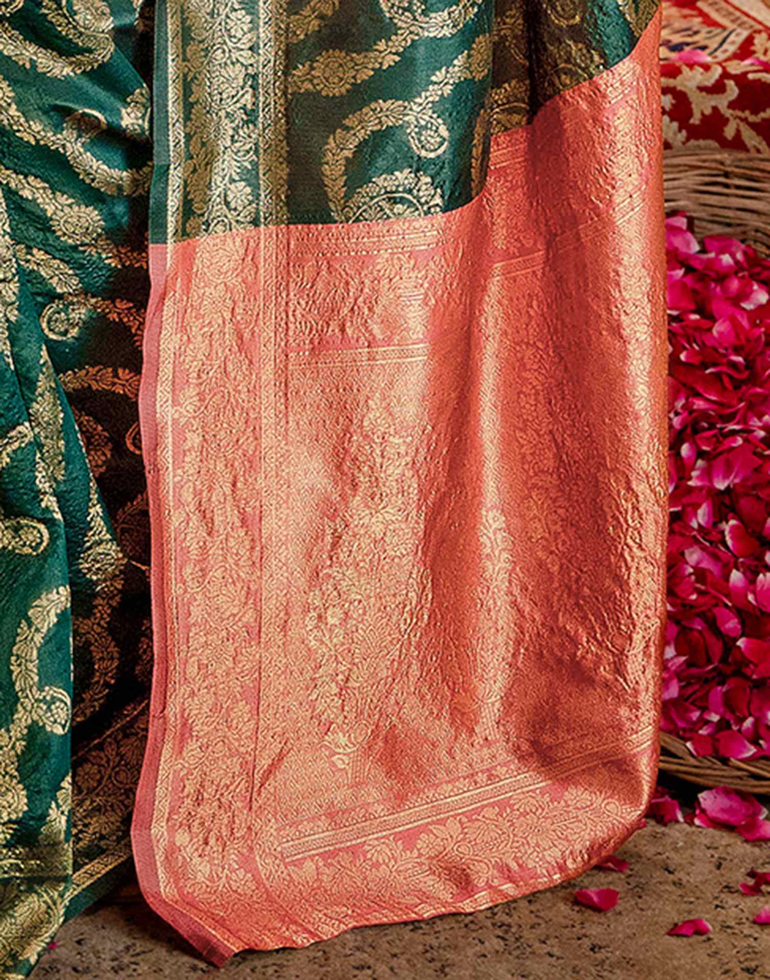 Green Silk Woven Banarasi Saree - Image 11