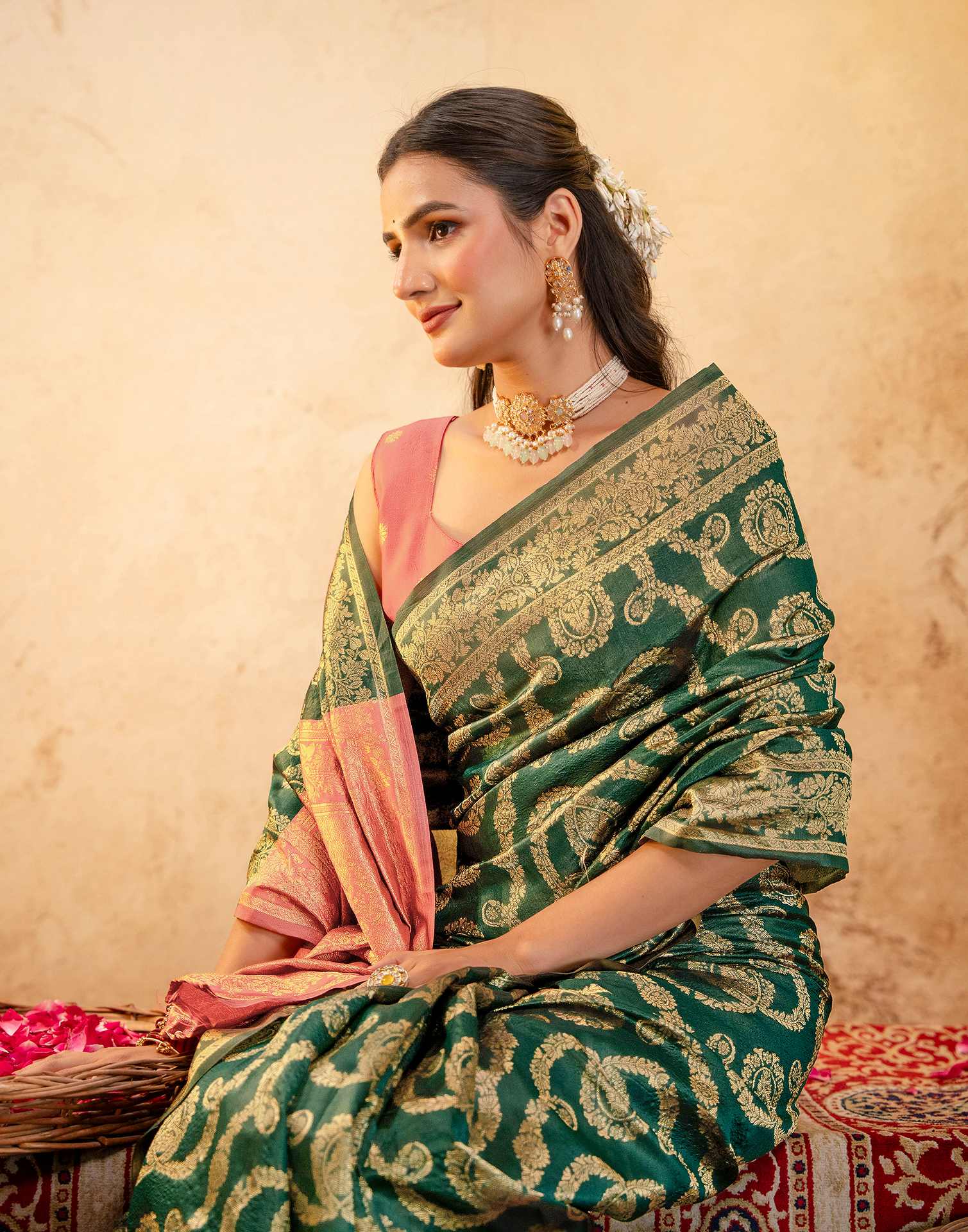 Green Silk Woven Banarasi Saree - Image 2