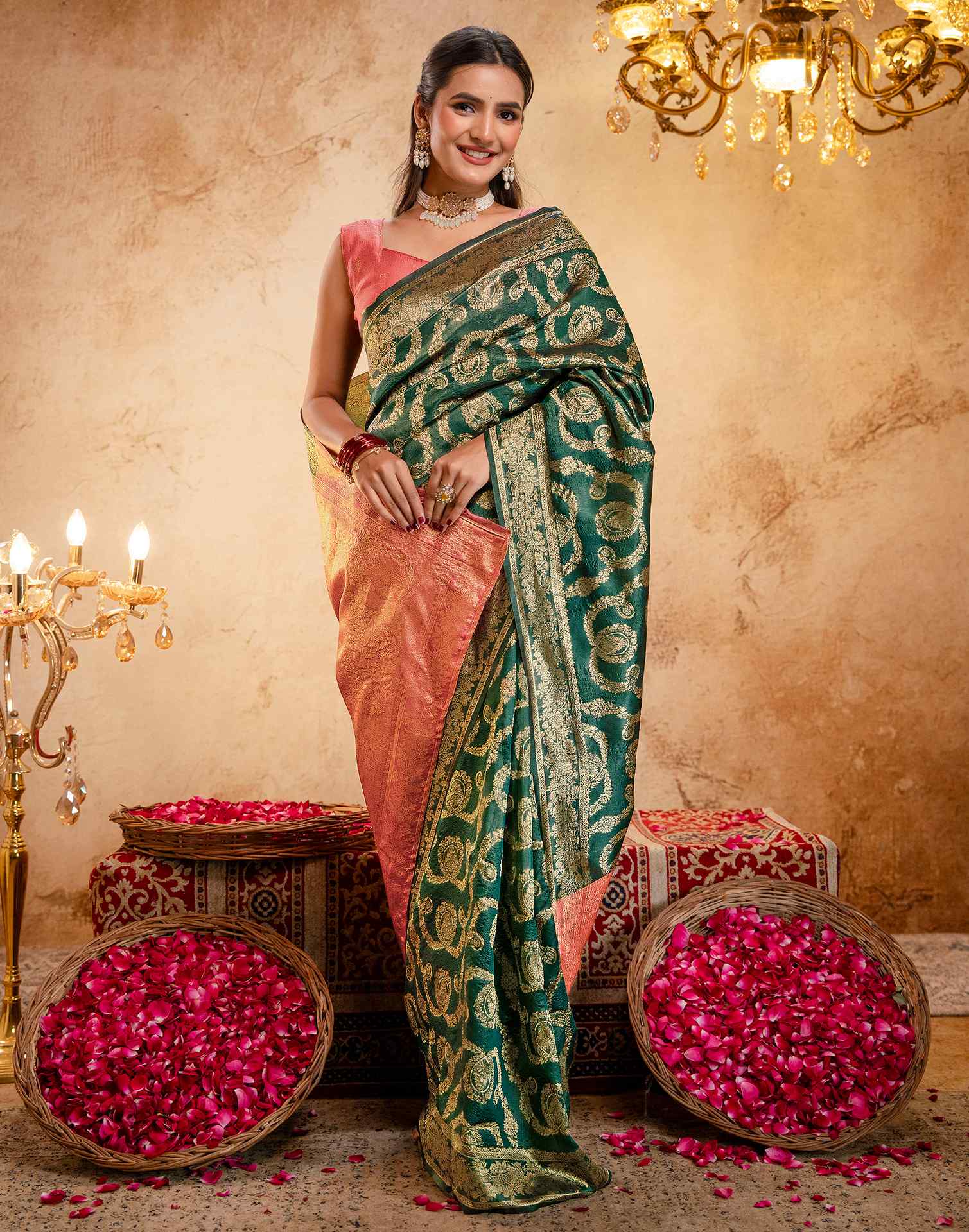 Green Silk Woven Banarasi Saree - Image 7