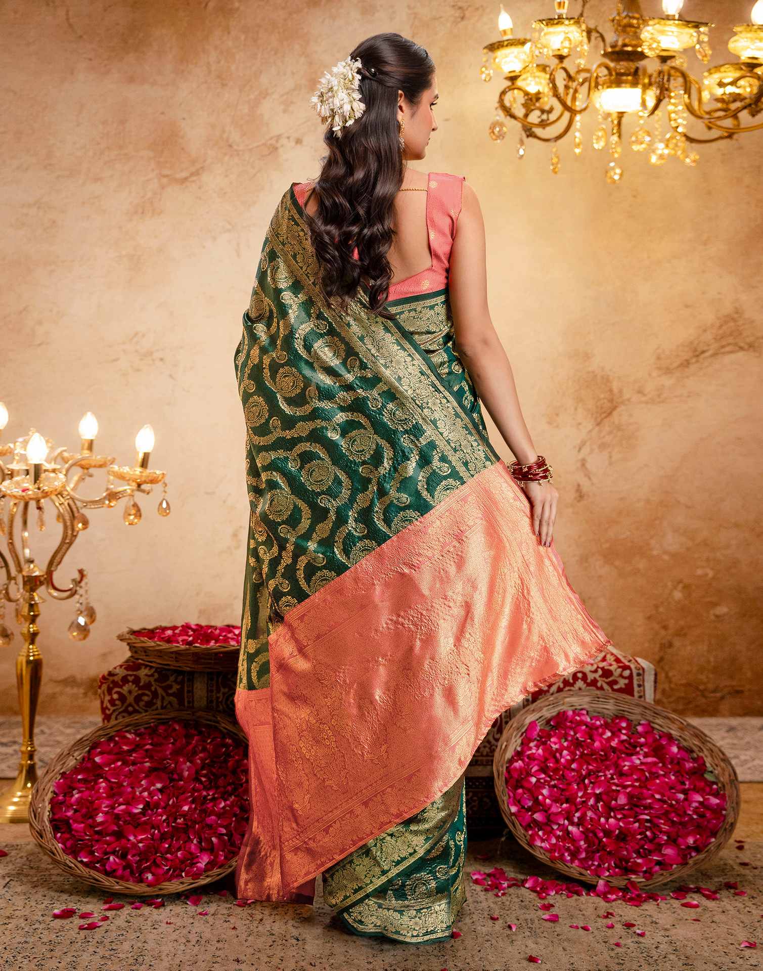 Green Silk Woven Banarasi Saree - Image 8