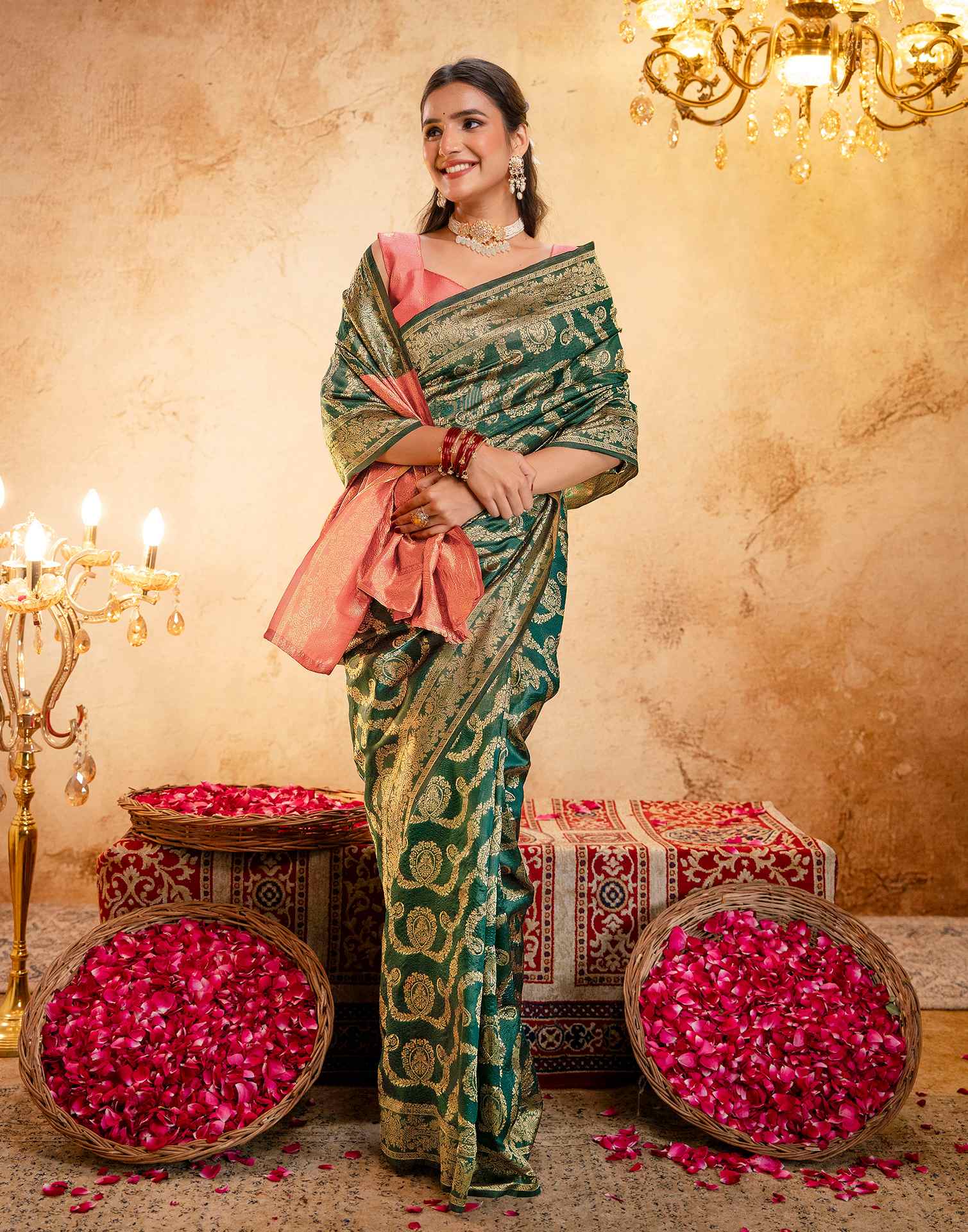 Green Silk Woven Banarasi Saree - Image 9