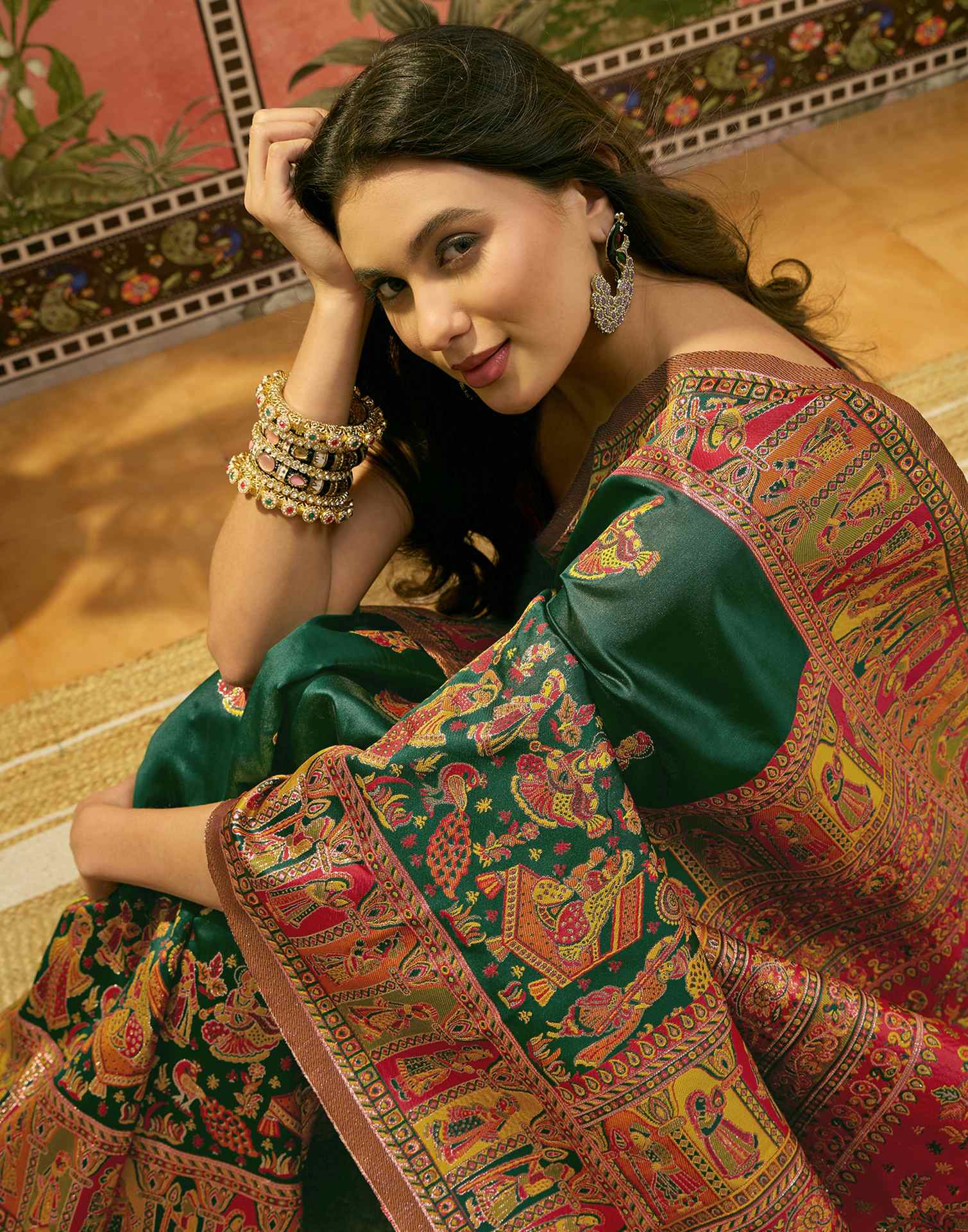 Green Silk Woven Kalamkari Saree - Image 2