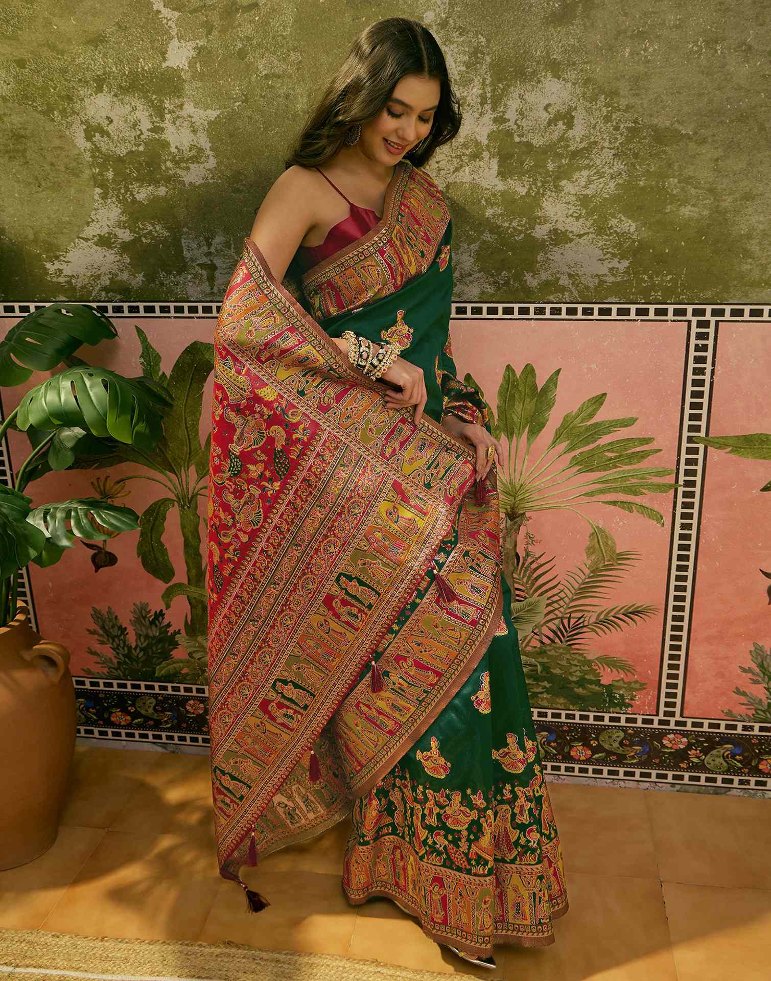 Green Silk Woven Kalamkari Saree - Image 6