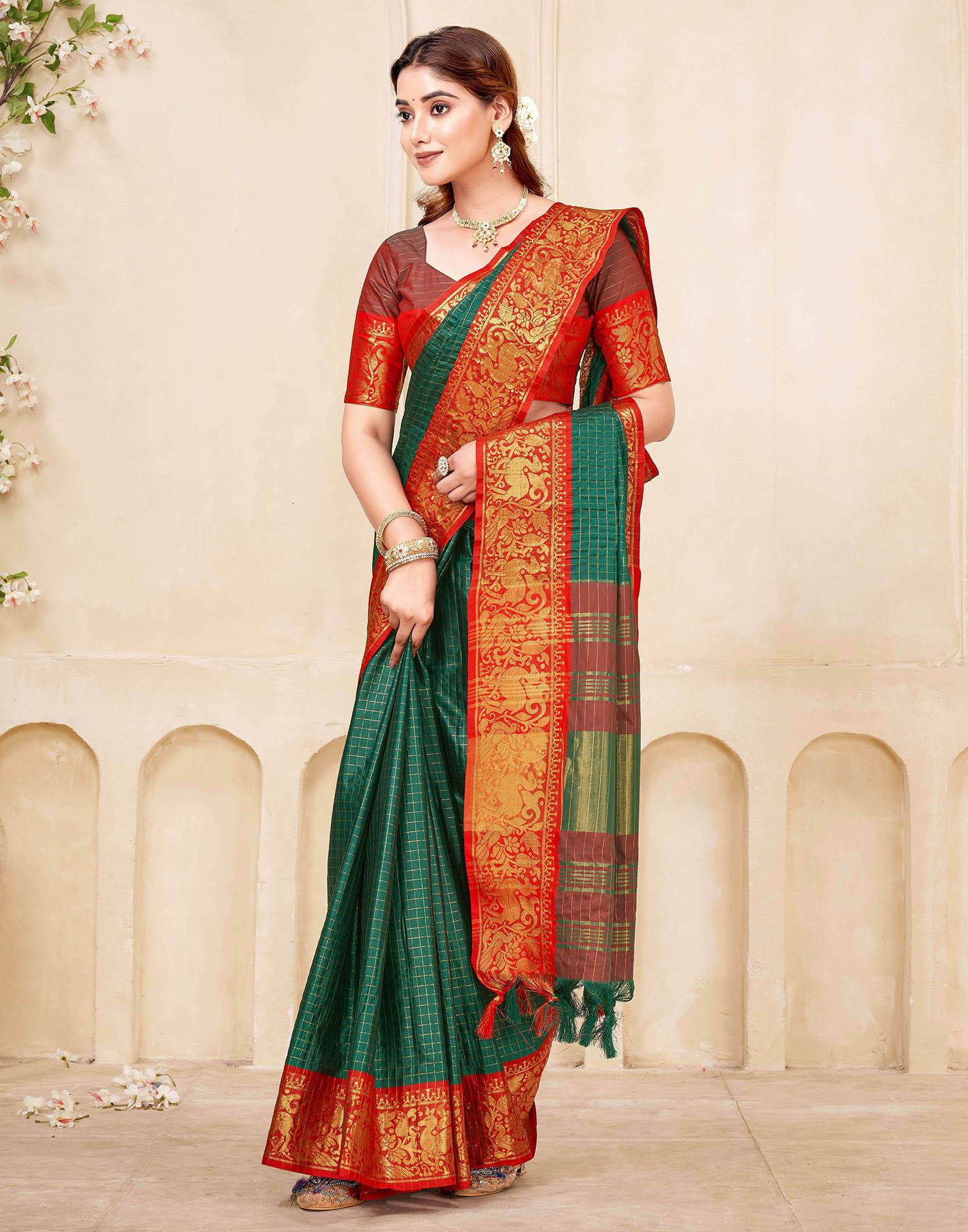 Green Silk Woven Kanjivaram Saree - Image 5