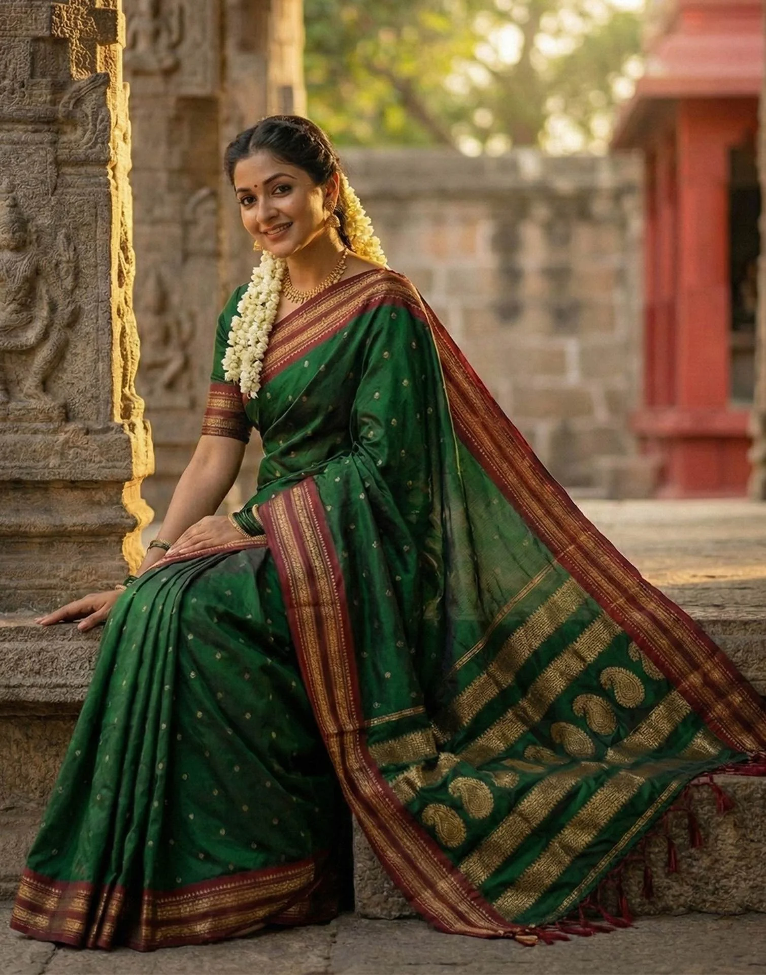 Green Silk Woven Kanjivaram Saree - Image 2
