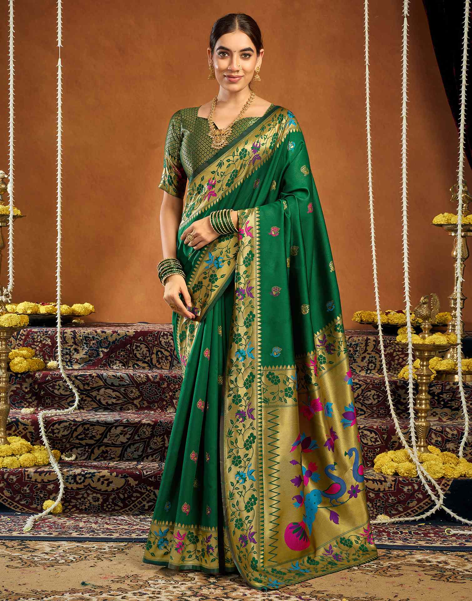 Green Silk Woven Paithani Saree - Image 2