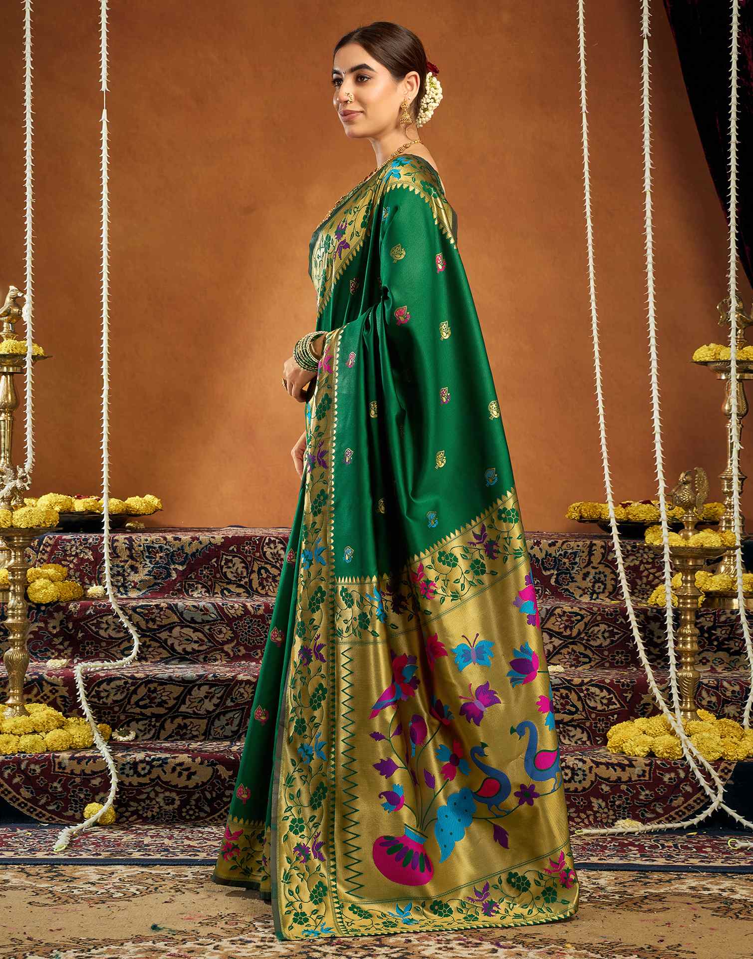 Green Silk Woven Paithani Saree - Image 6