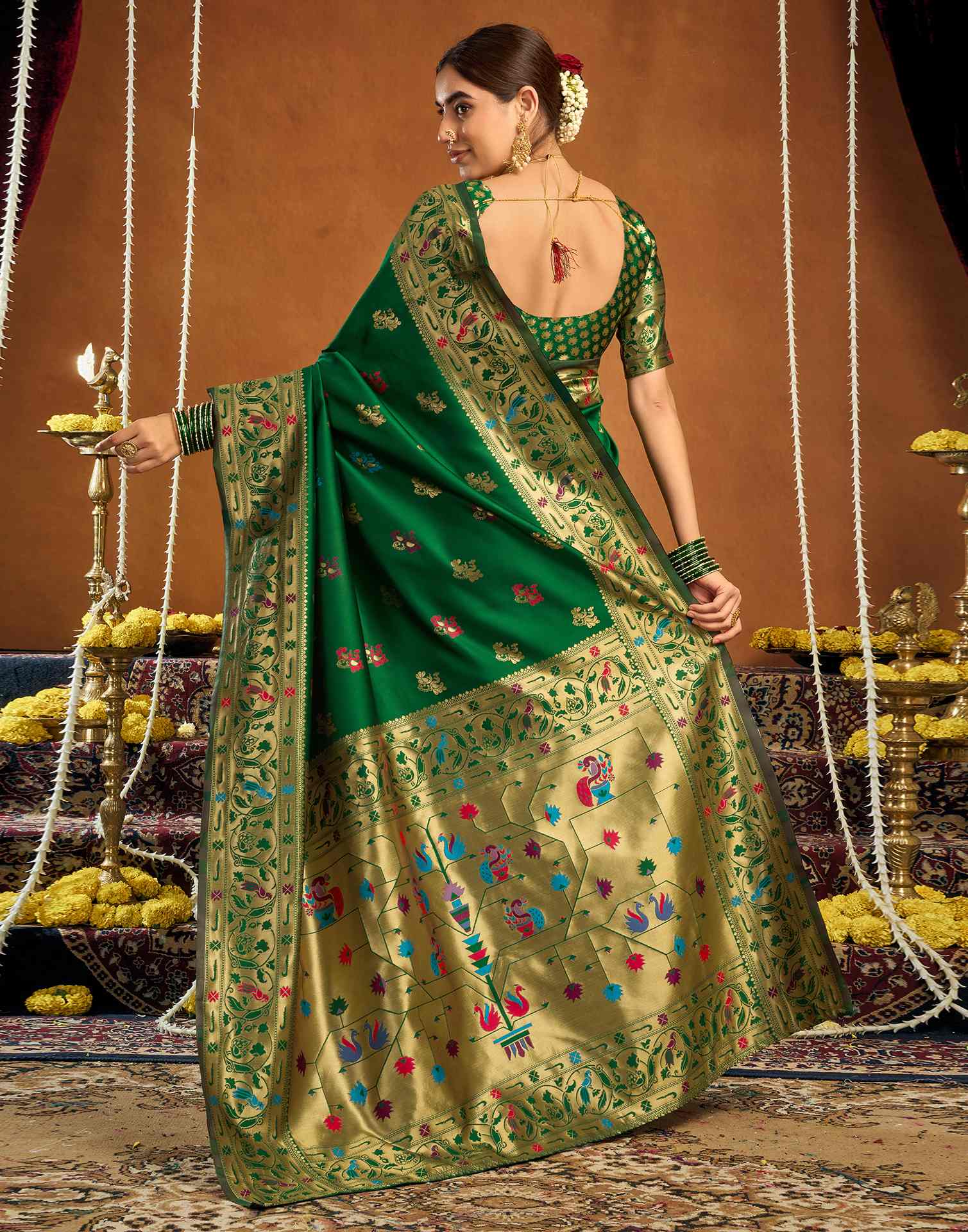 Green Silk Woven Paithani Saree - Image 6