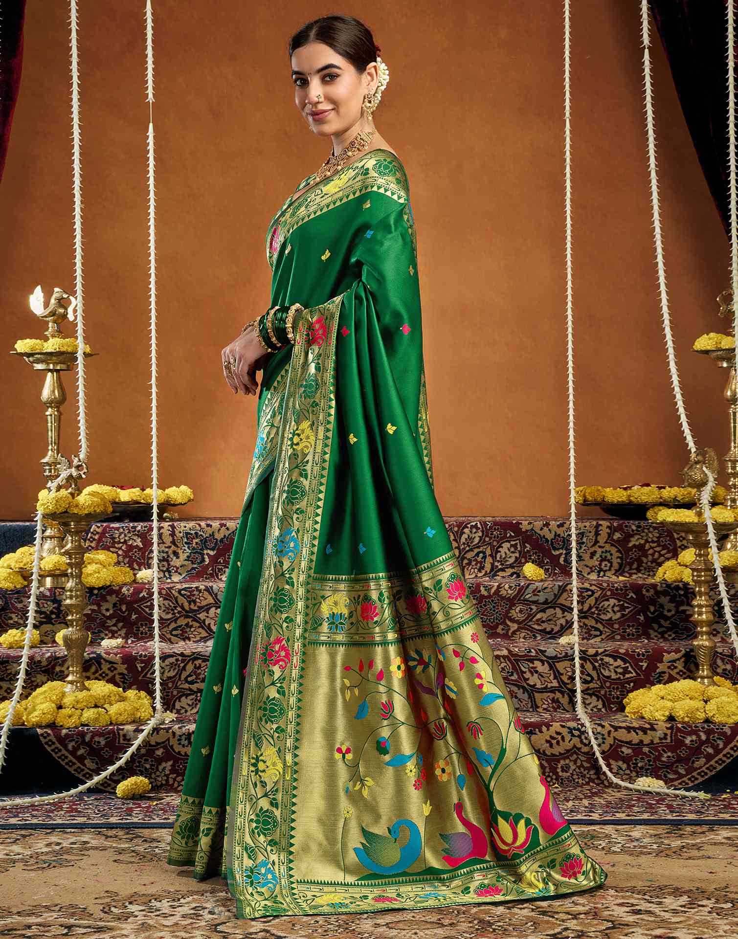 Green Silk Woven Paithani Saree - Image 4