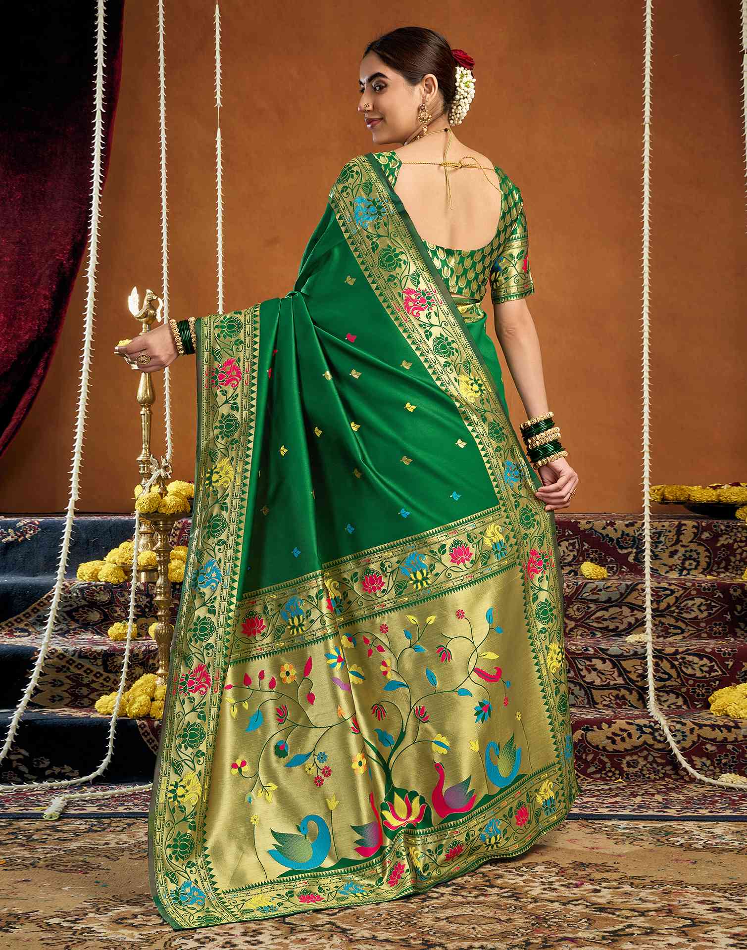 Green Silk Woven Paithani Saree - Image 6