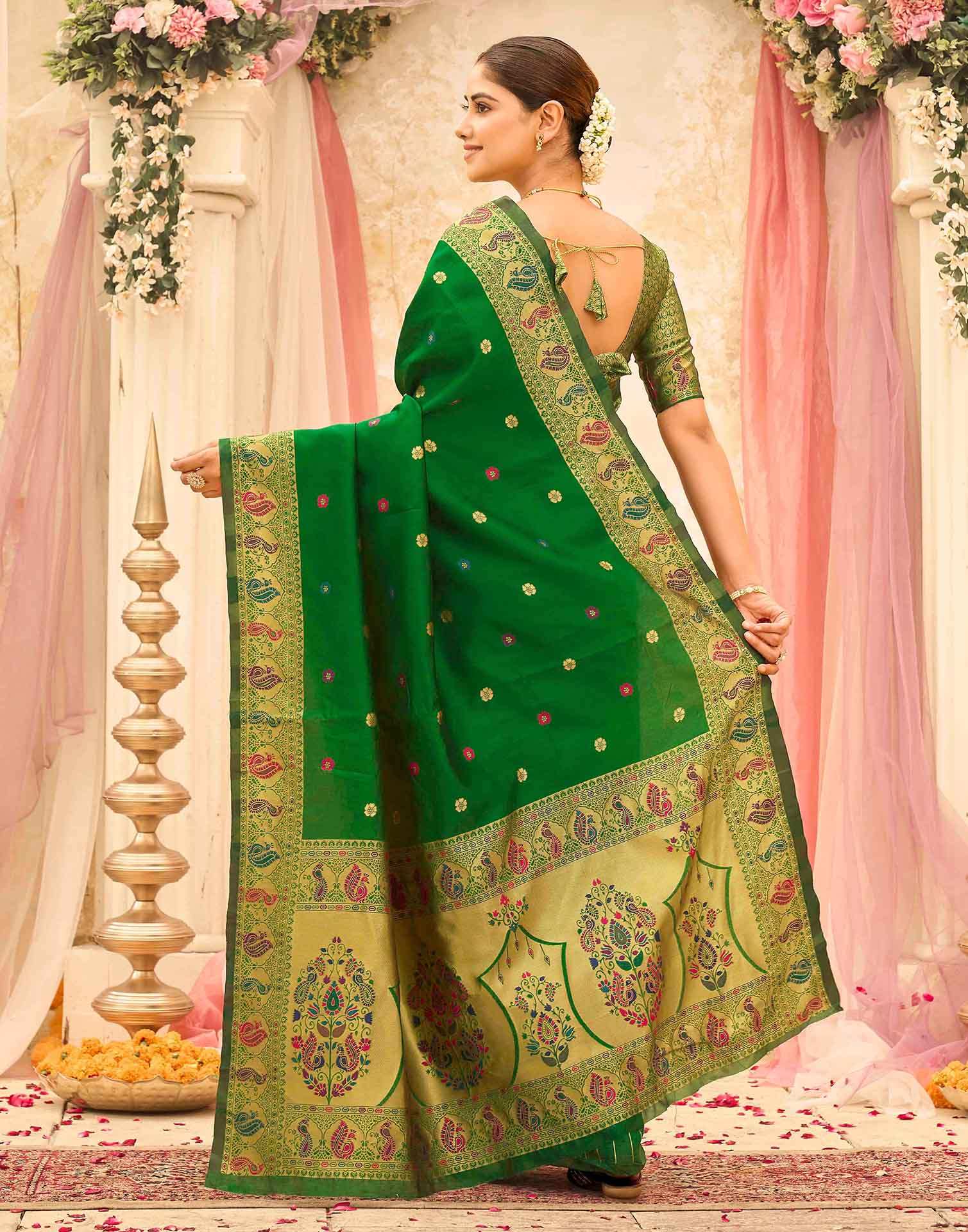 Green Silk Woven Paithani Saree - Image 6