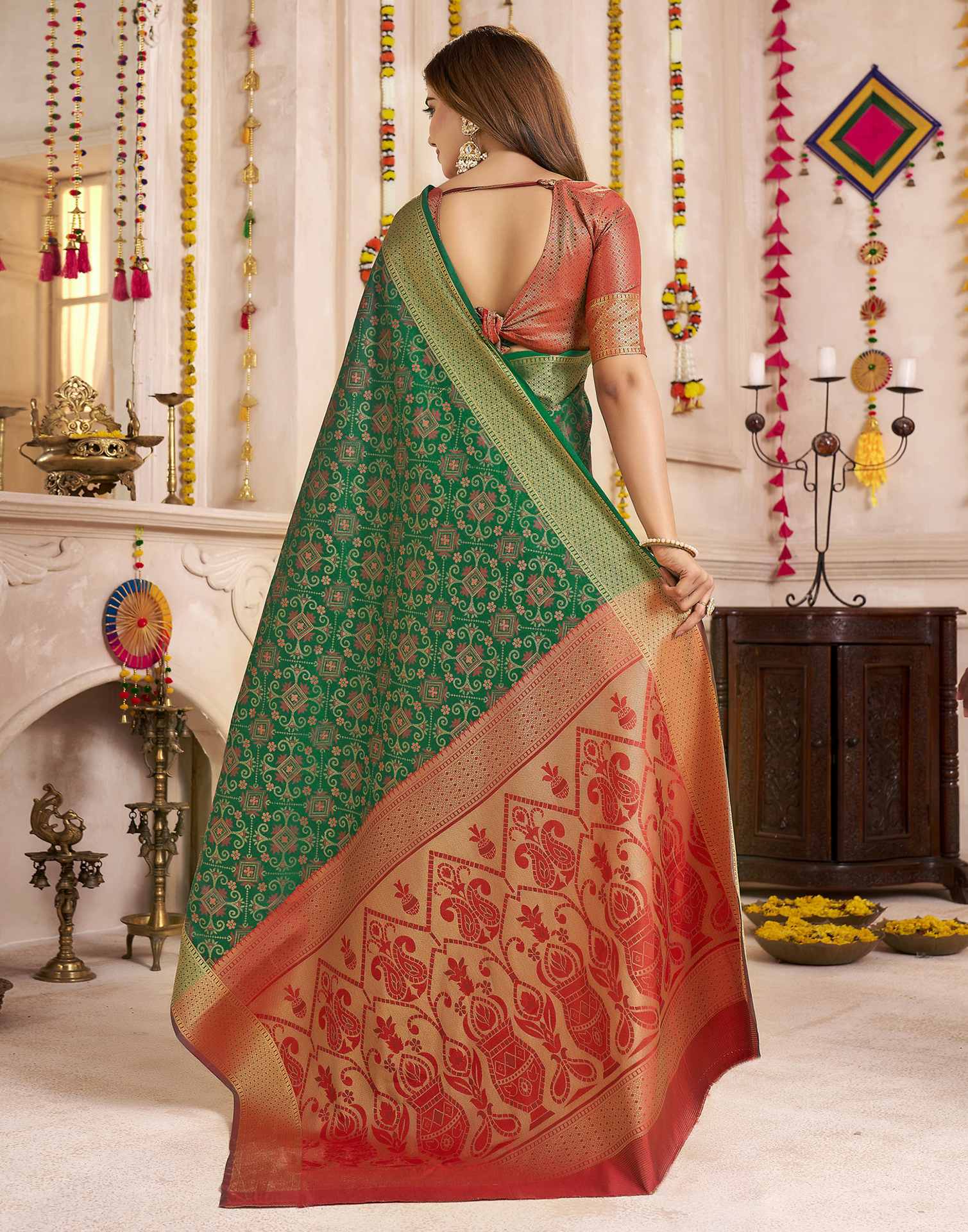 Green Silk Woven Patola Saree - Image 6