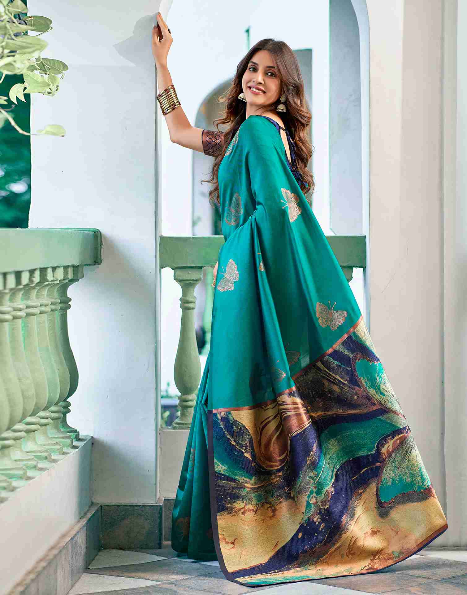 Teal Green Silk Woven Banarasi Saree - Image 4