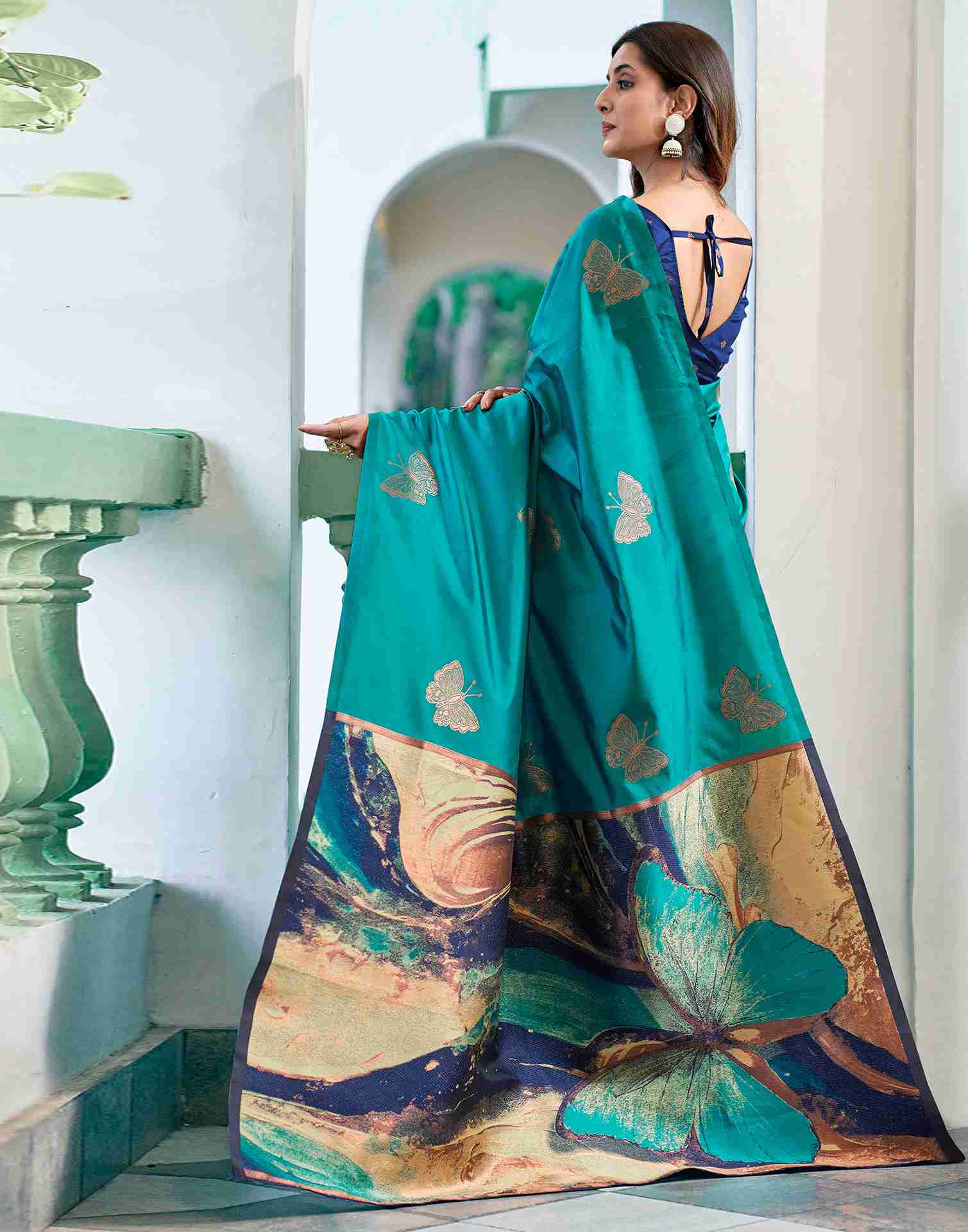 Teal Green Silk Woven Banarasi Saree - Image 6