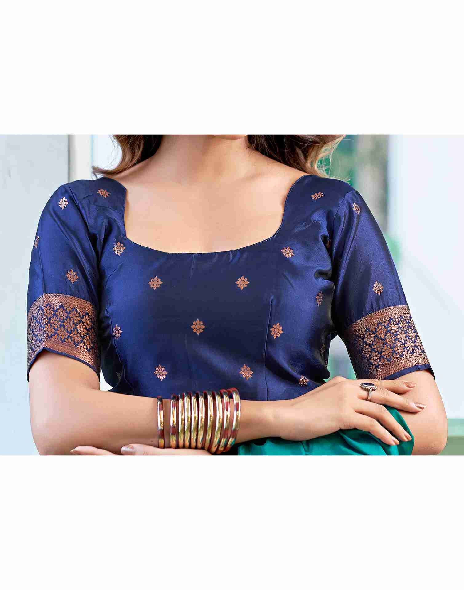 Teal Green Silk Woven Banarasi Saree - Image 7