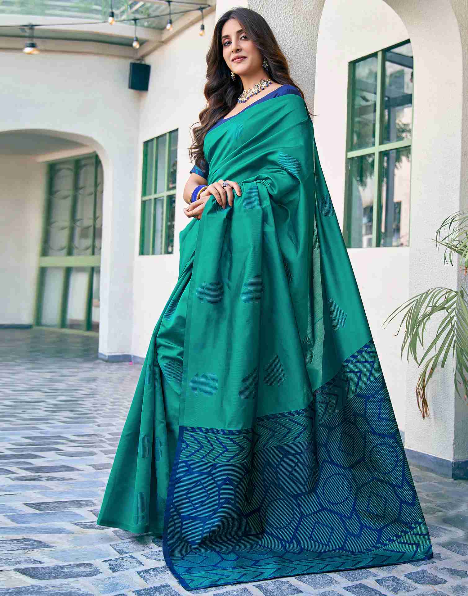 Teal Green Silk Woven Banarasi Saree - Image 4
