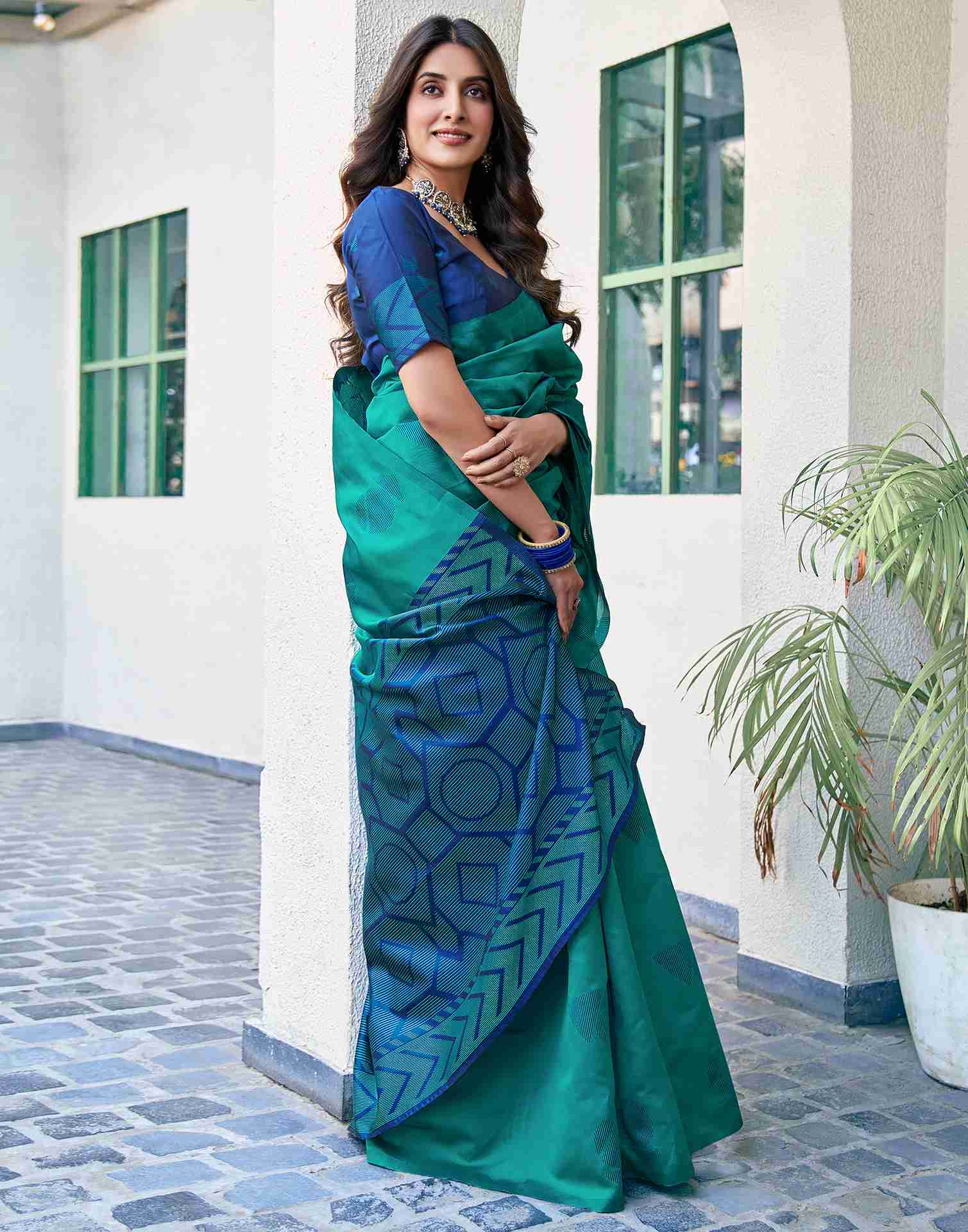 Teal Green Silk Woven Banarasi Saree - Image 5