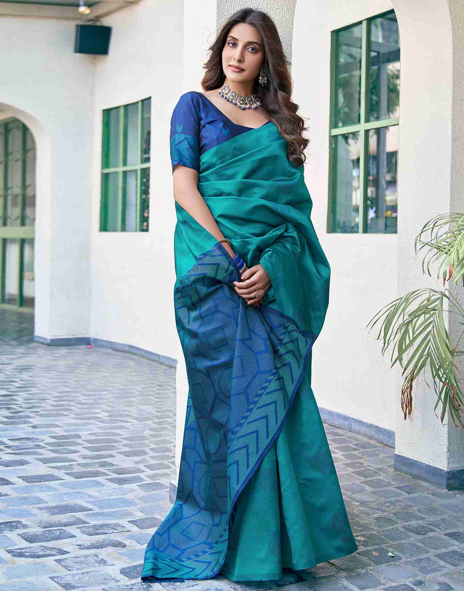Teal Green Silk Woven Banarasi Saree - Image 6