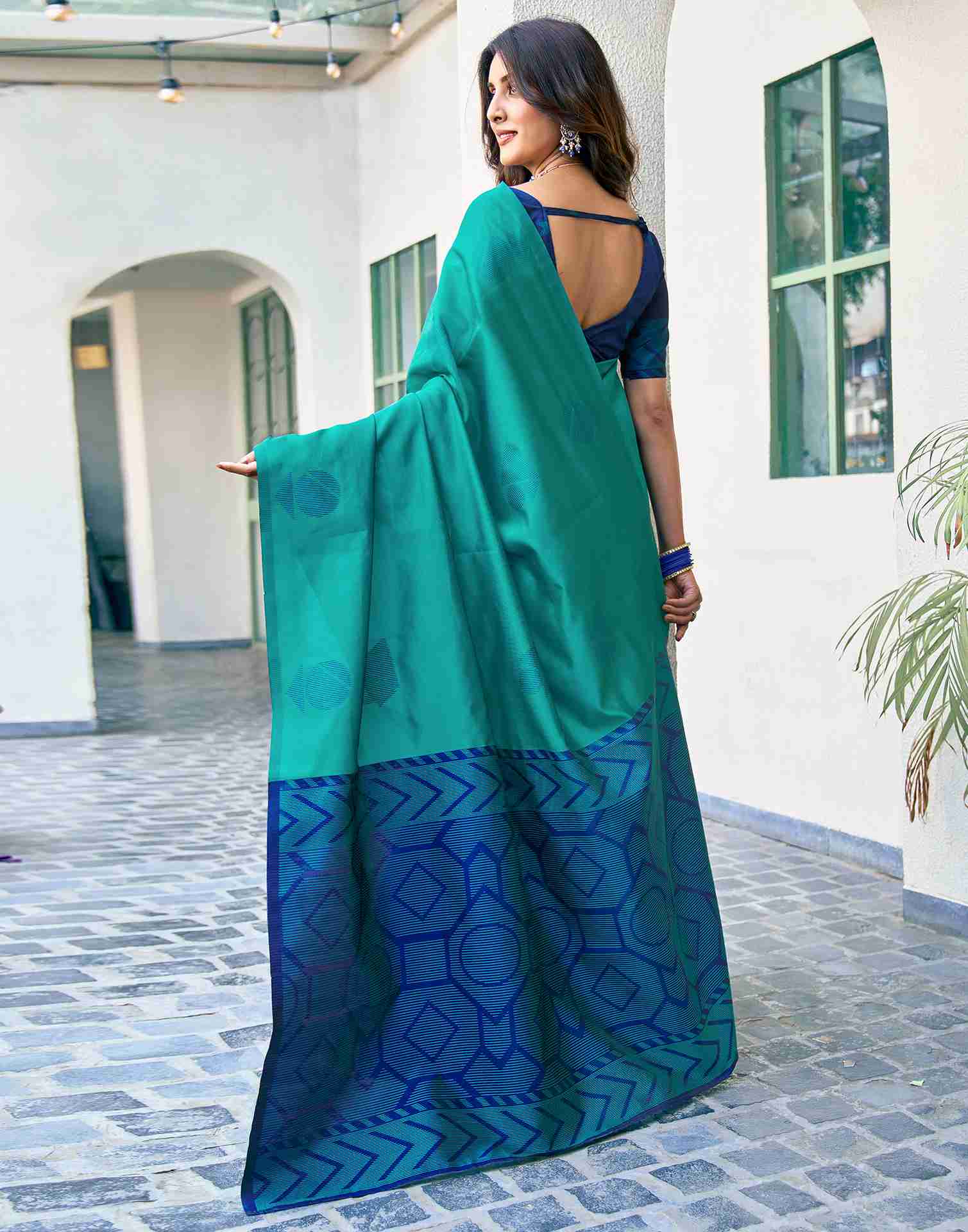 Teal Green Silk Woven Banarasi Saree - Image 7
