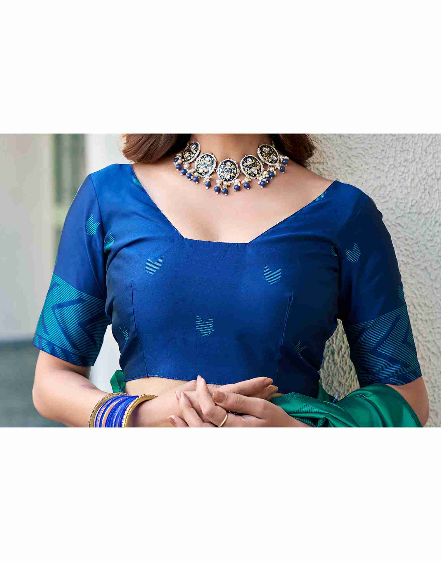 Teal Green Silk Woven Banarasi Saree - Image 9