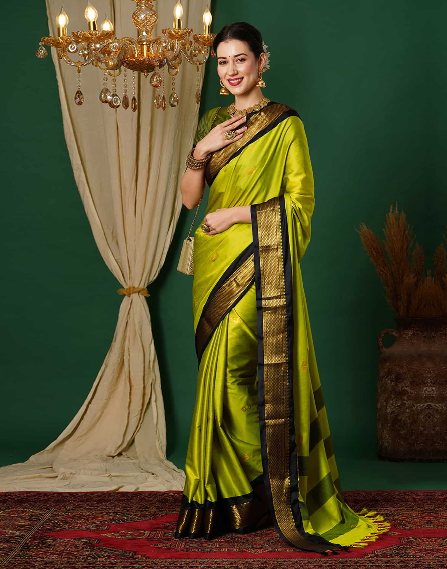 Lime Green Silk Woven Kanjivaram Saree - Image 5