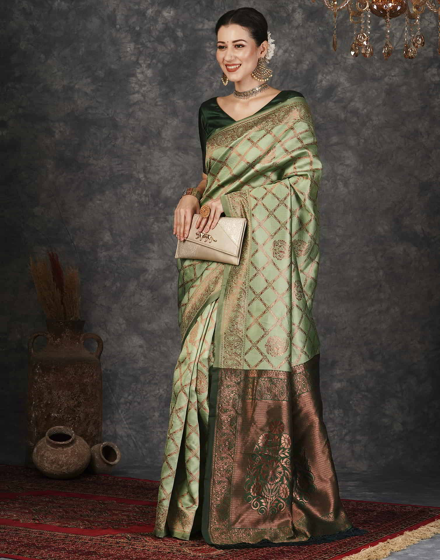 Pista Green Silk Woven Banarasi Saree - Image 6