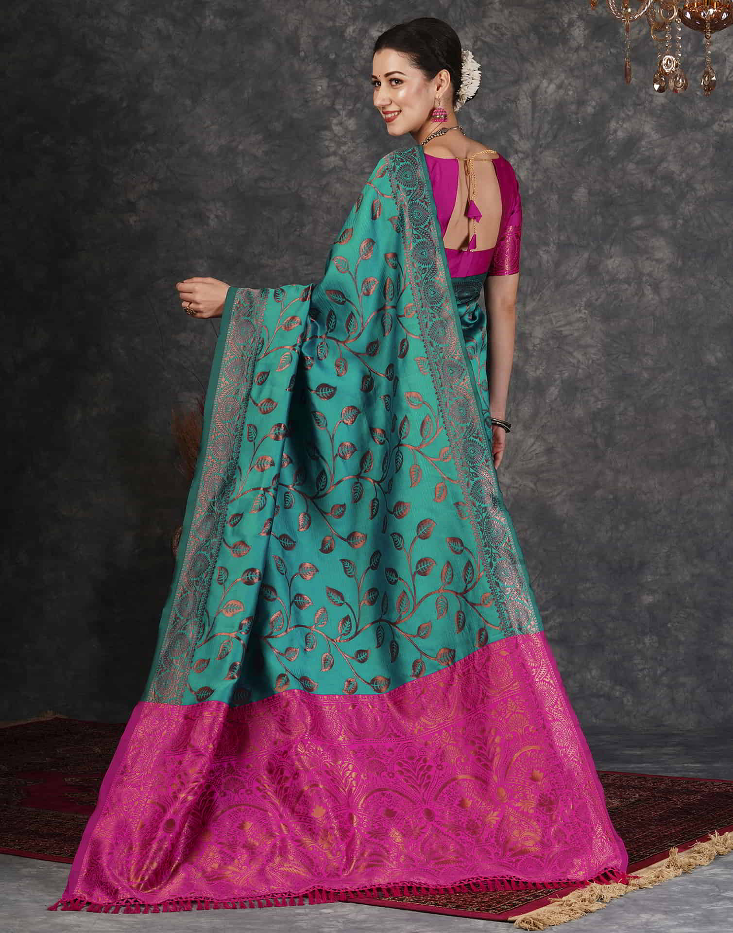 Teal Green Silk Woven Banarasi Saree - Image 4