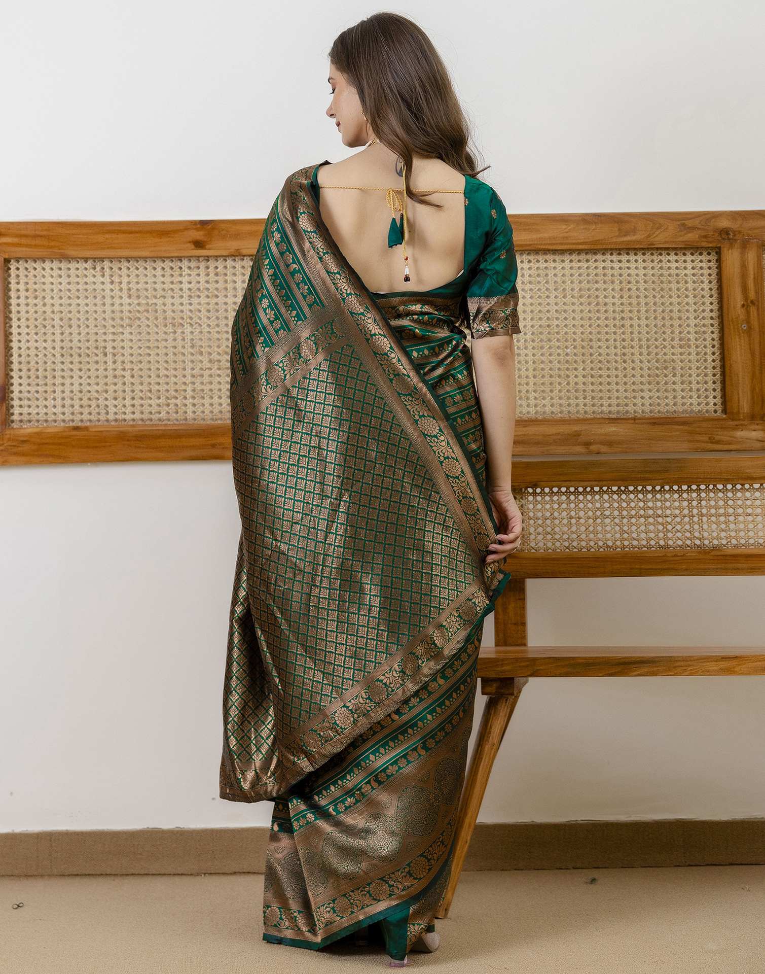 Green Silk Woven Banarasi Saree - Image 7