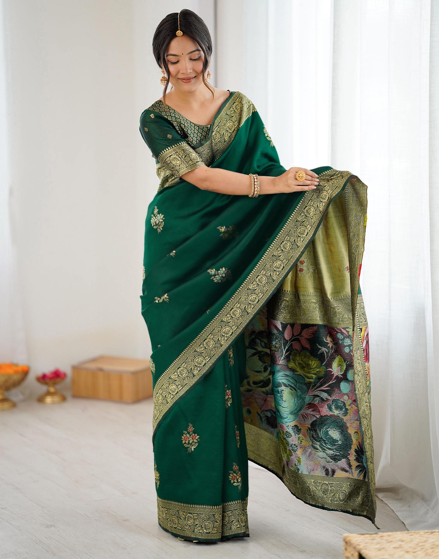 Green Silk Woven Saree - Image 6