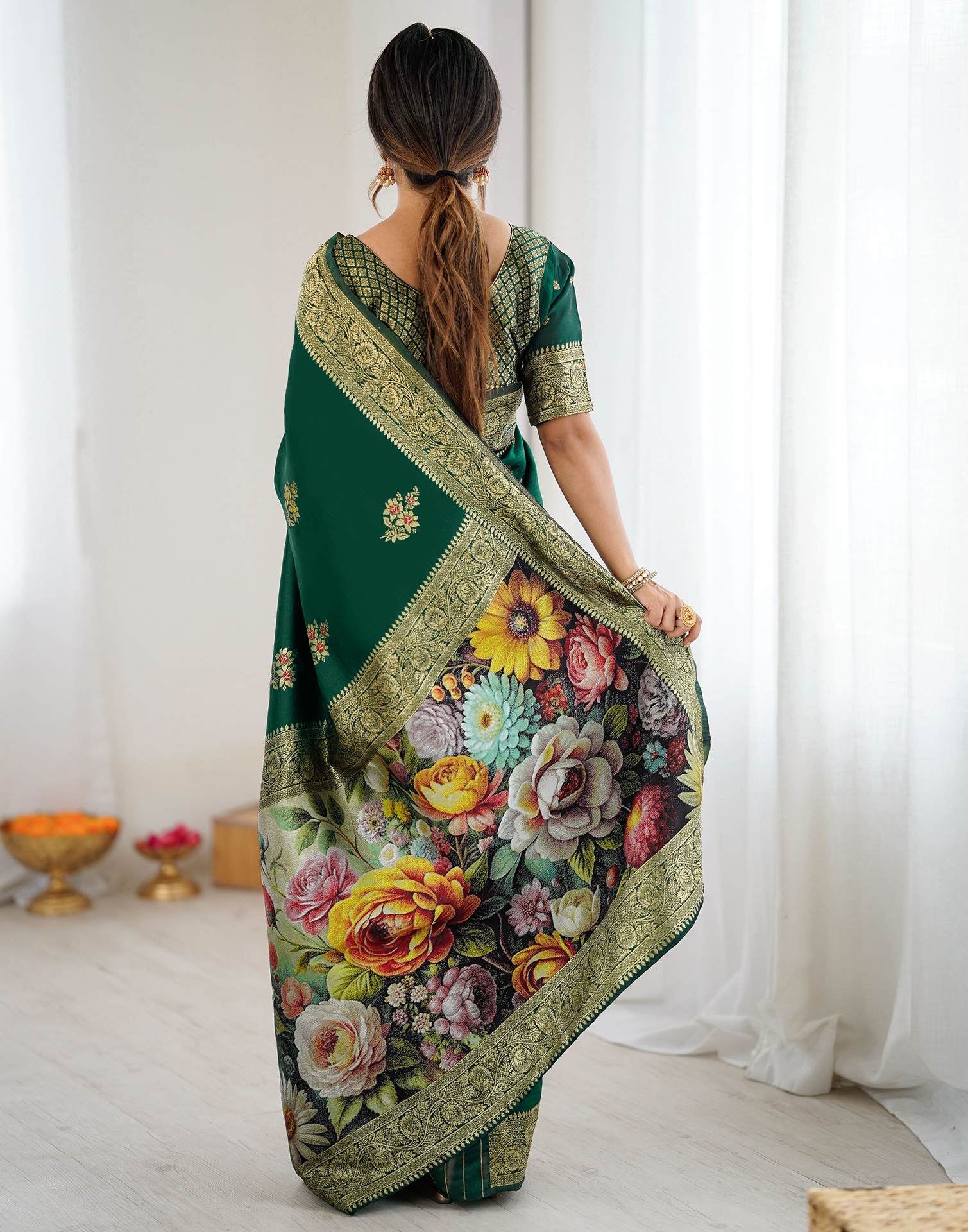 Green Silk Woven Saree - Image 7