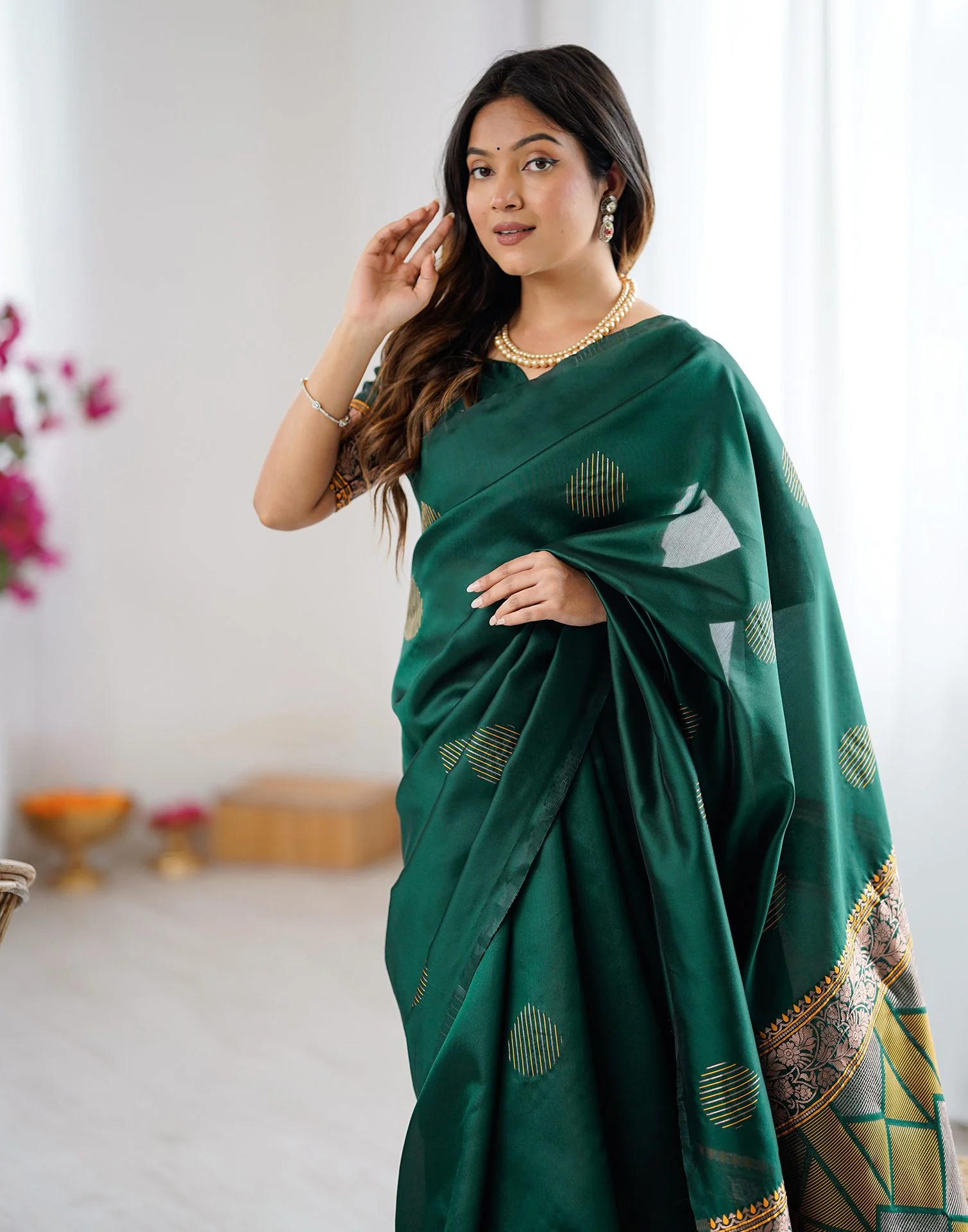 Green Silk Woven Saree - Image 2