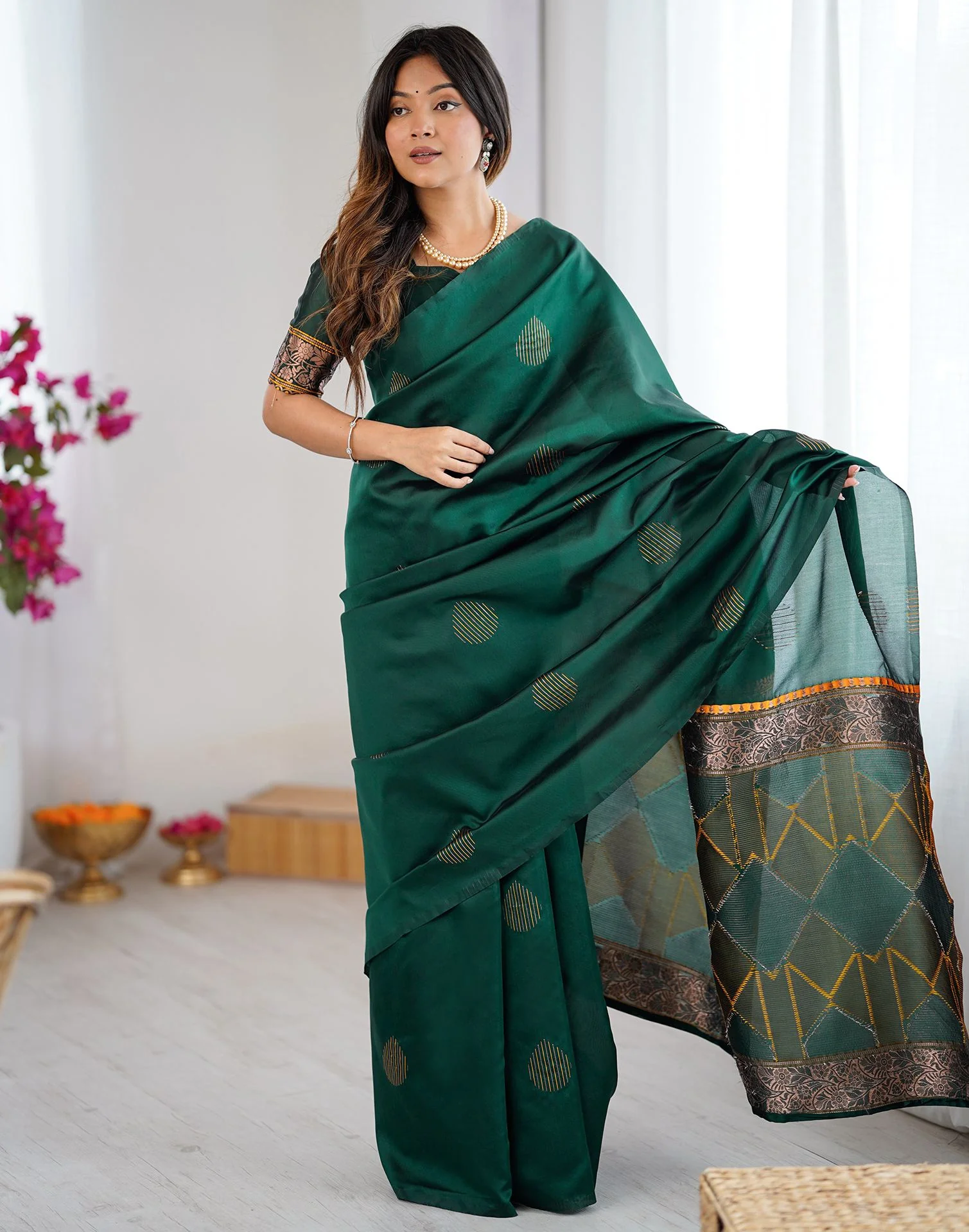 Green Silk Woven Saree - Image 6