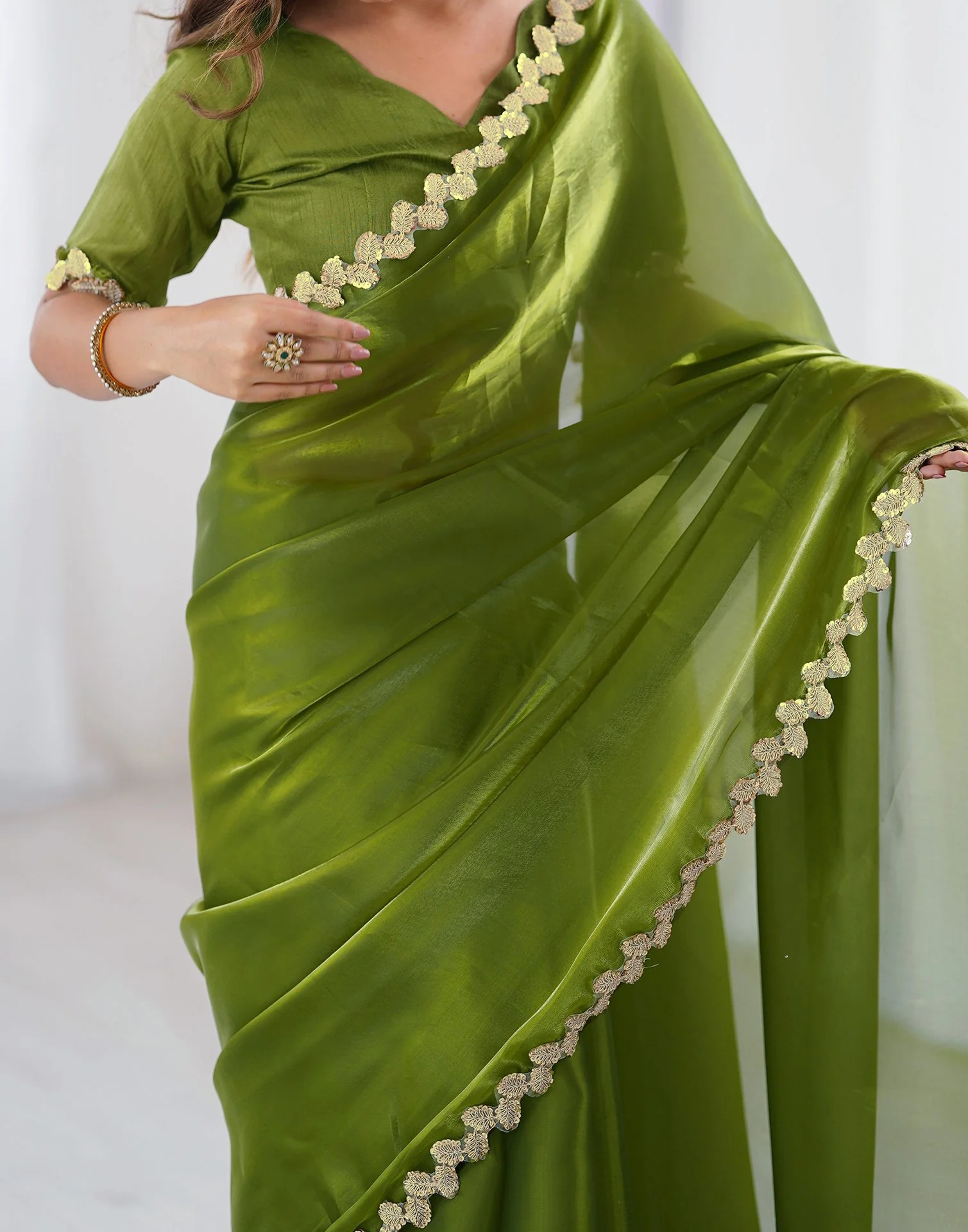 Green Tissue Silk Embroidery Lace Saree - Image 10