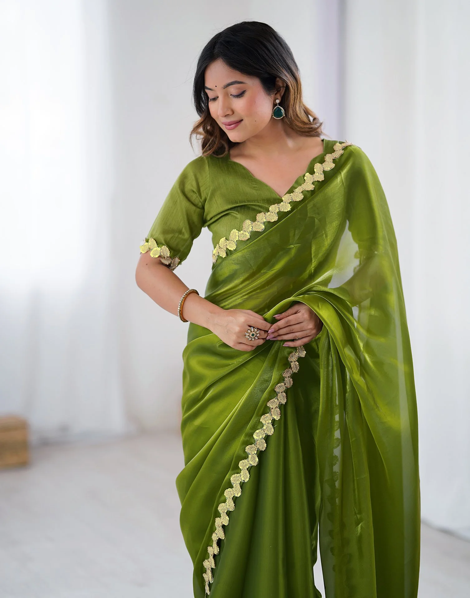 Green Tissue Silk Embroidery Lace Saree - Image 4