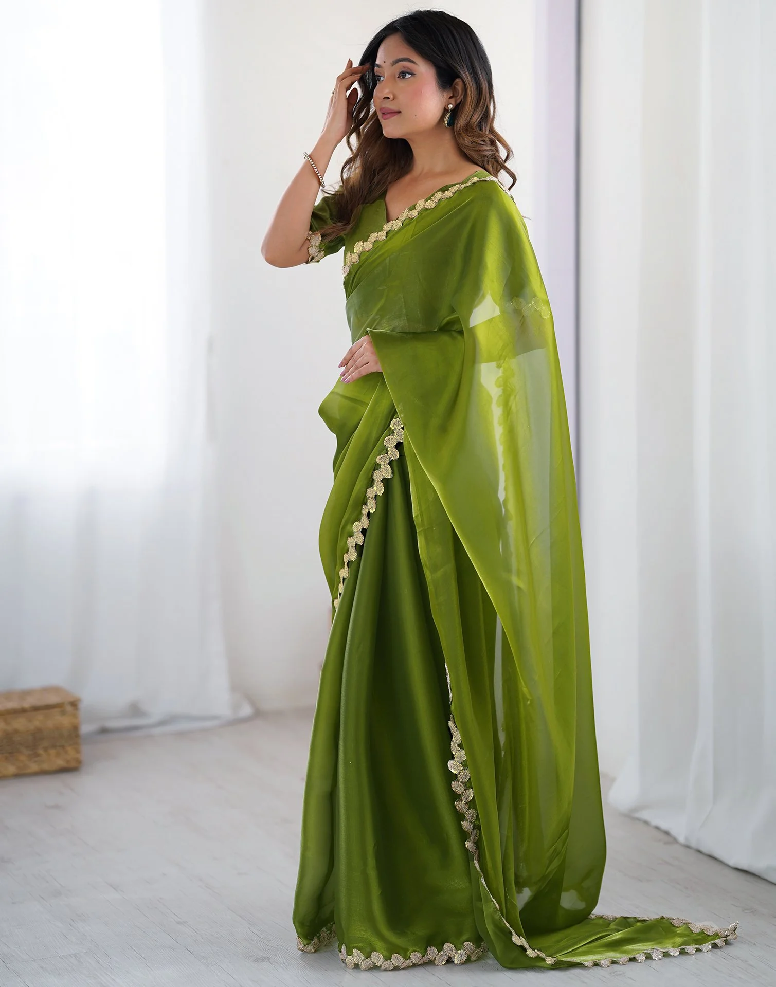 Green Tissue Silk Embroidery Lace Saree - Image 5