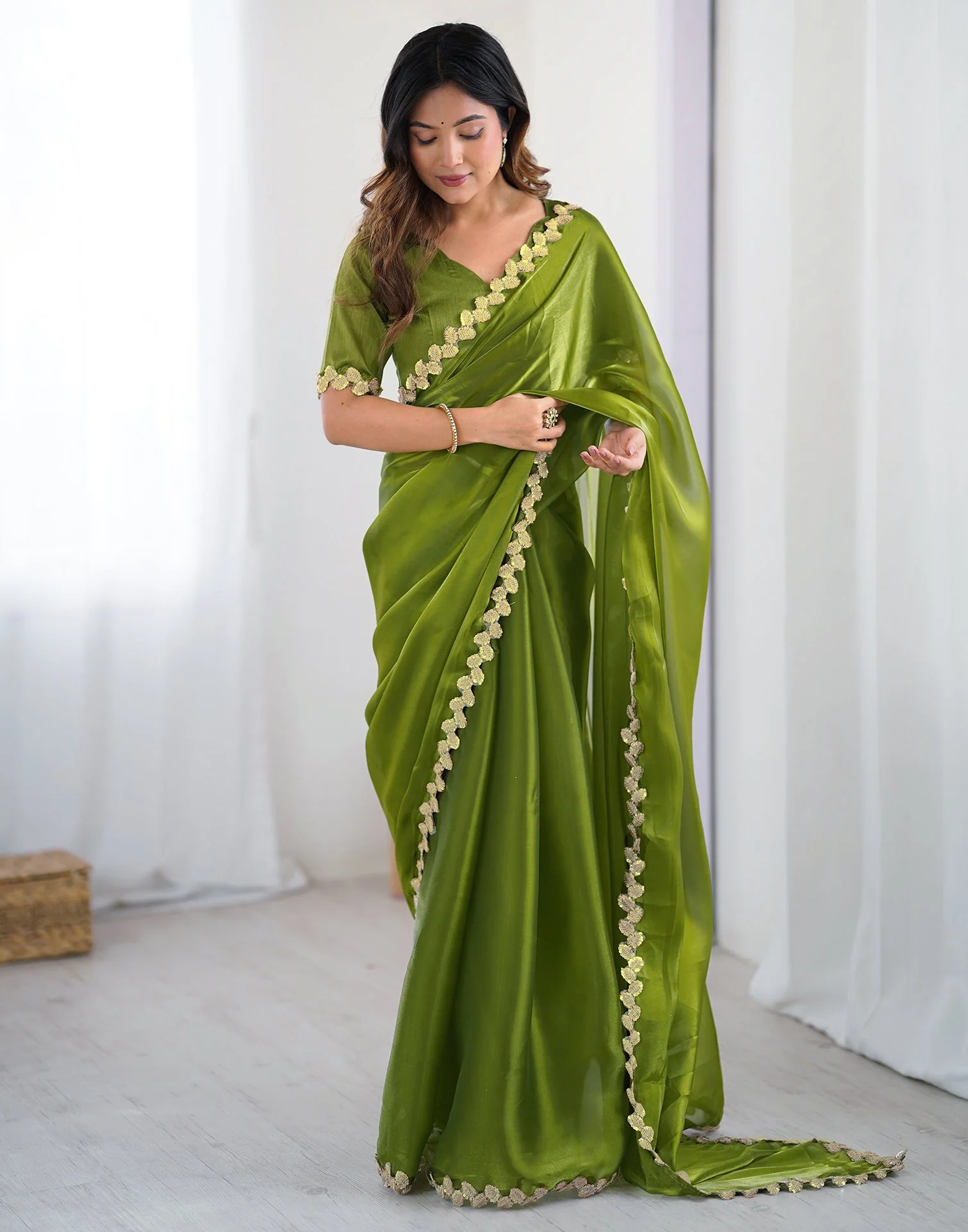 Green Tissue Silk Embroidery Lace Saree - Image 6