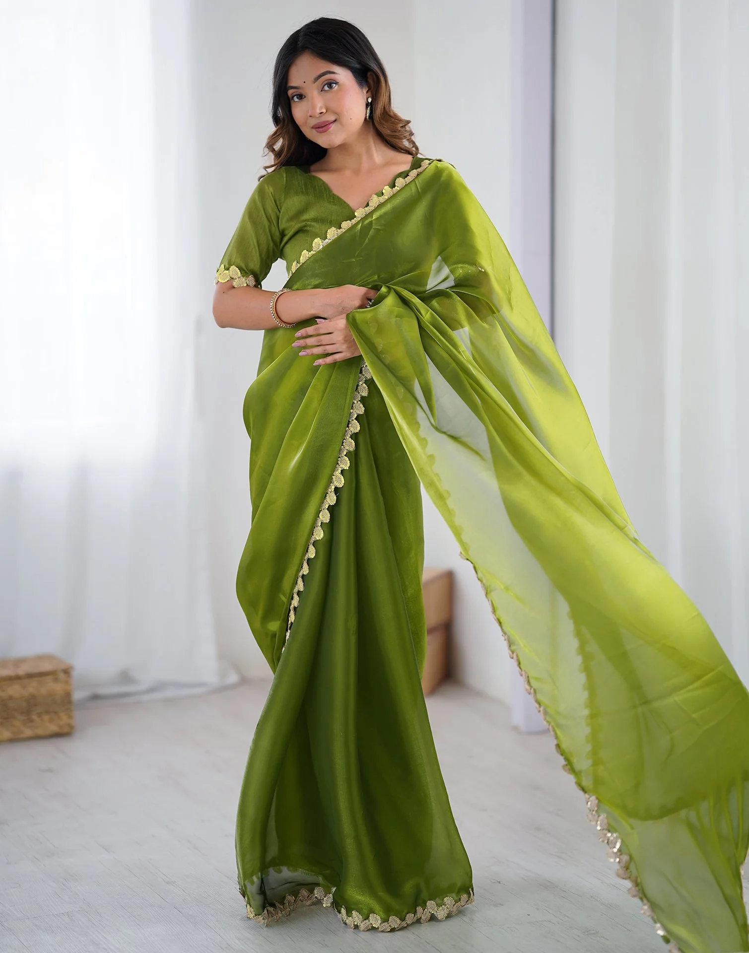 Green Tissue Silk Embroidery Lace Saree - Image 8