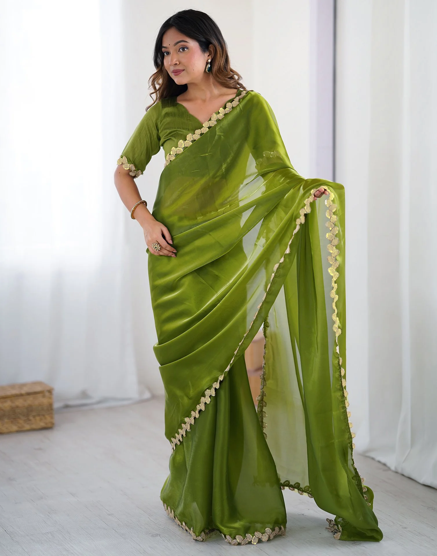 Green Tissue Silk Embroidery Lace Saree - Image 9