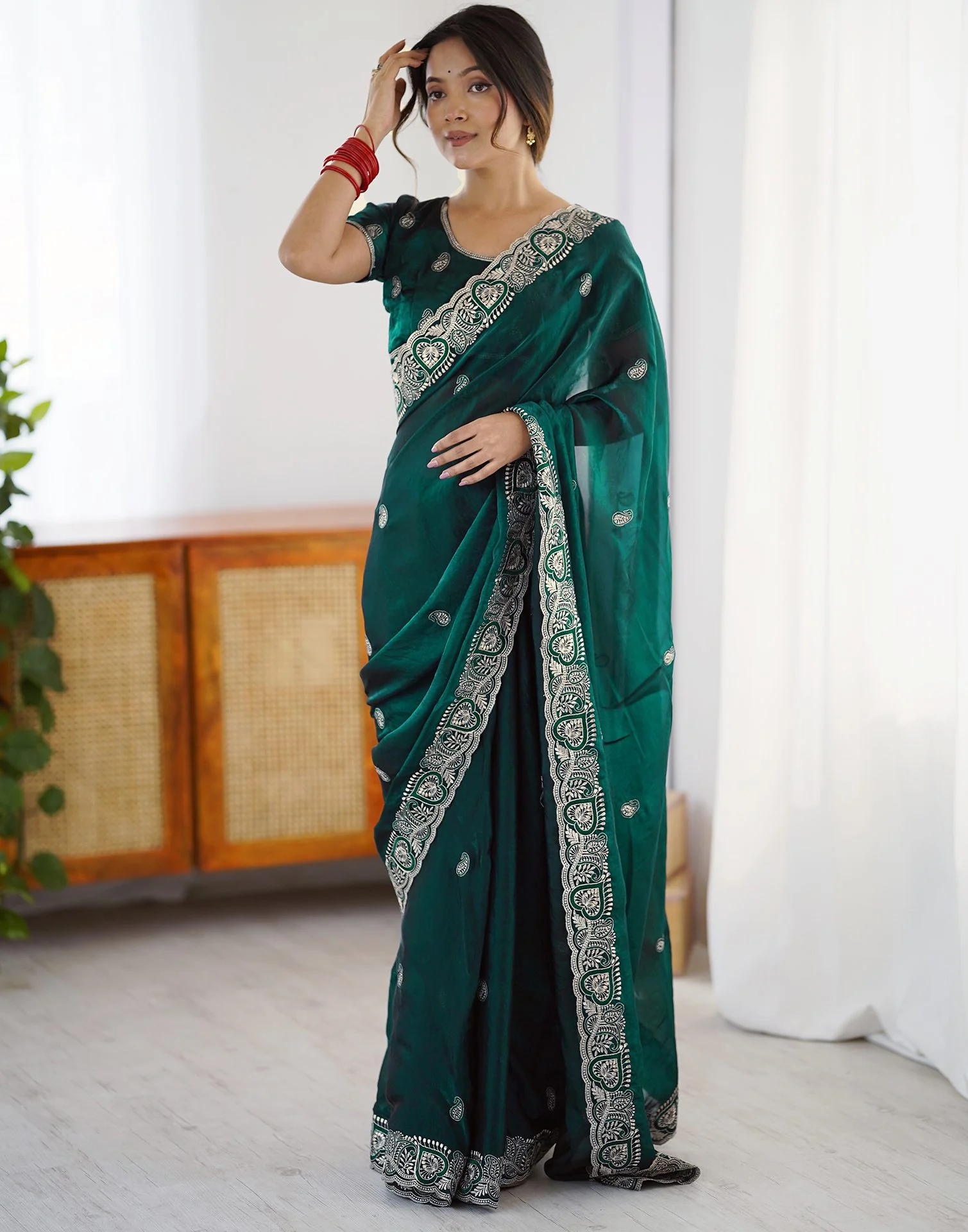 Green Tissue Silk Embroidery Saree - Image 2