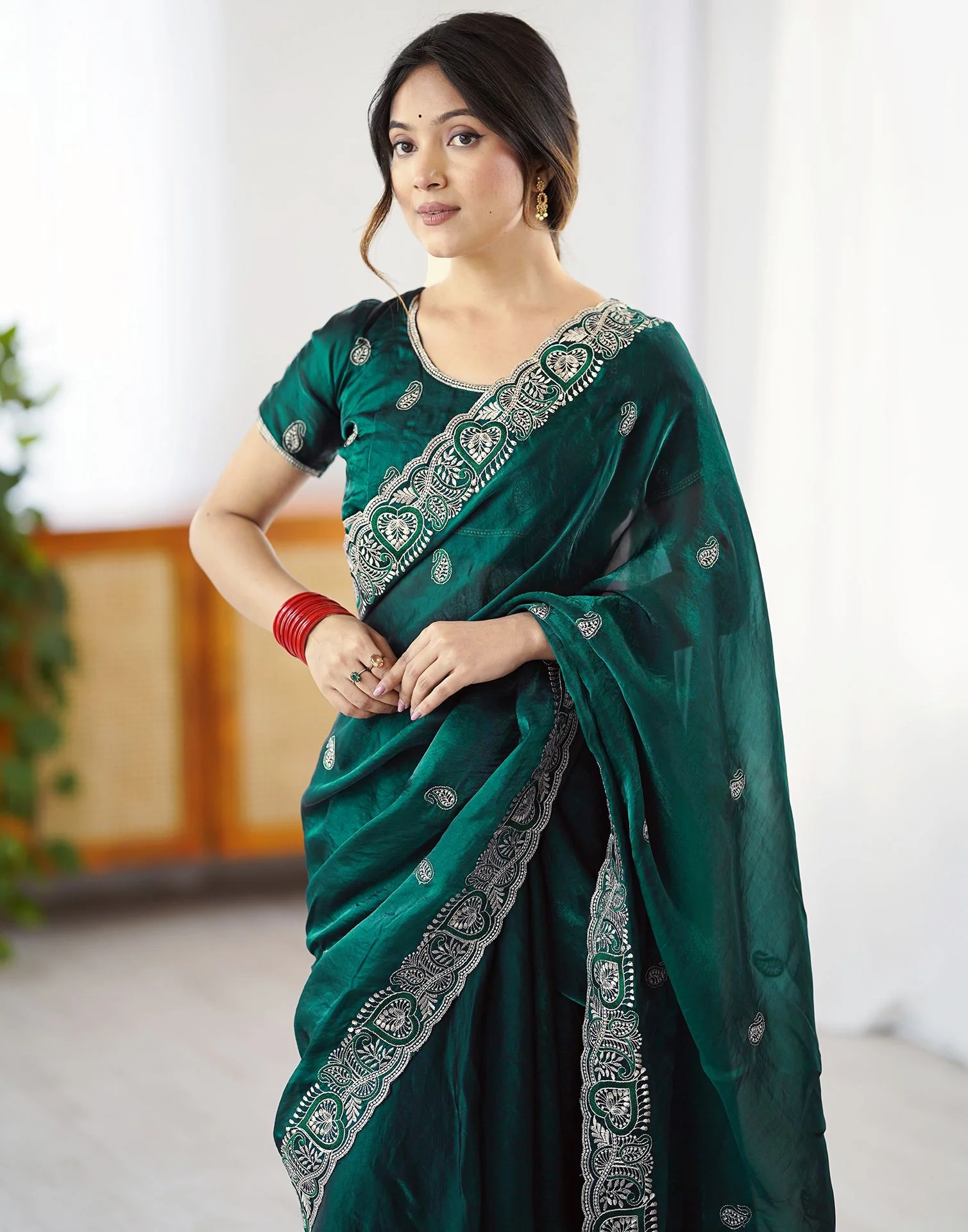 Green Tissue Silk Embroidery Saree - Image 4