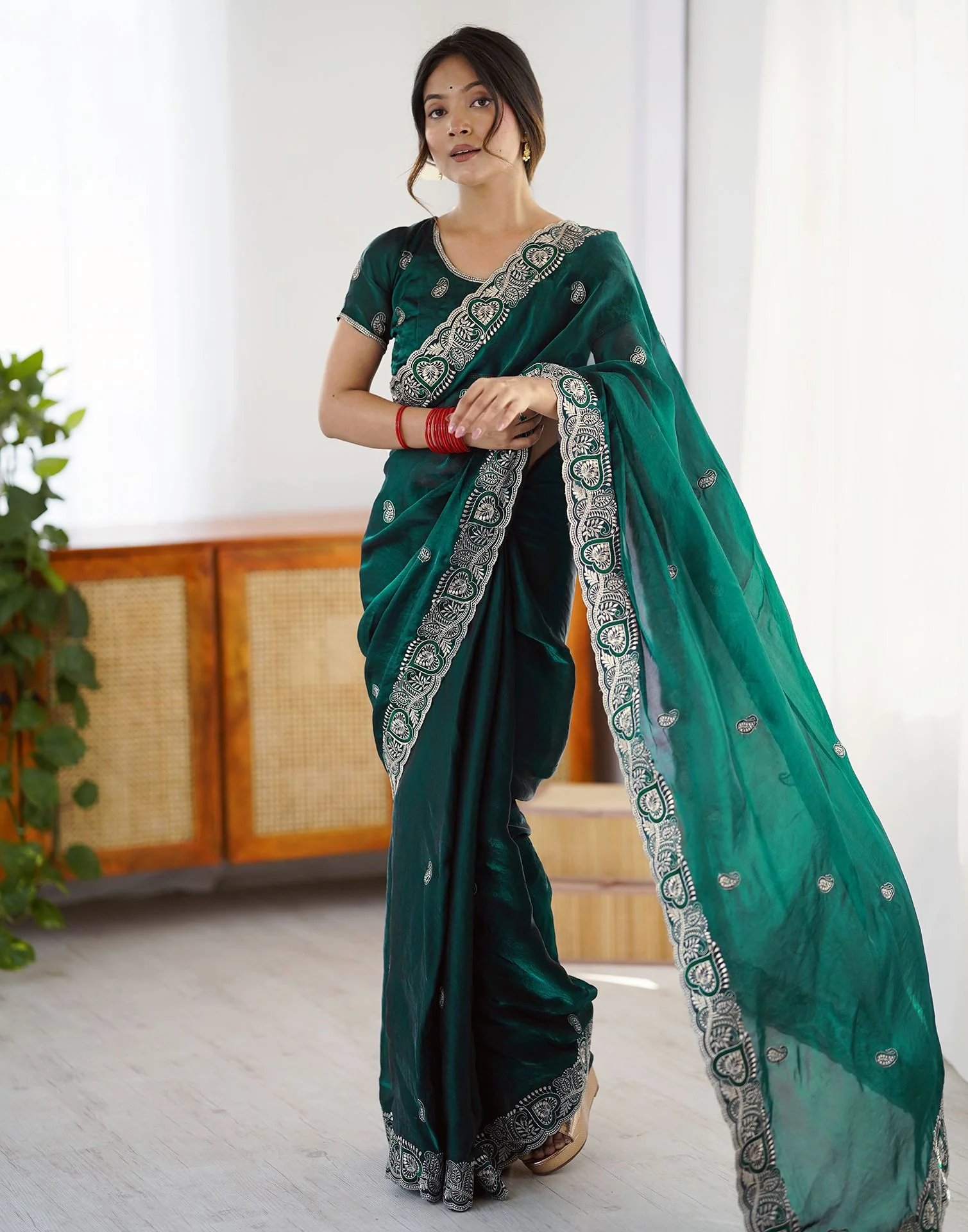 Green Tissue Silk Embroidery Saree - Image 5