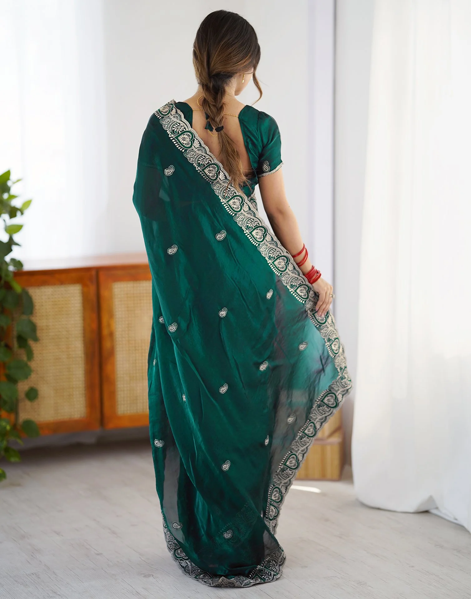 Green Tissue Silk Embroidery Saree - Image 7