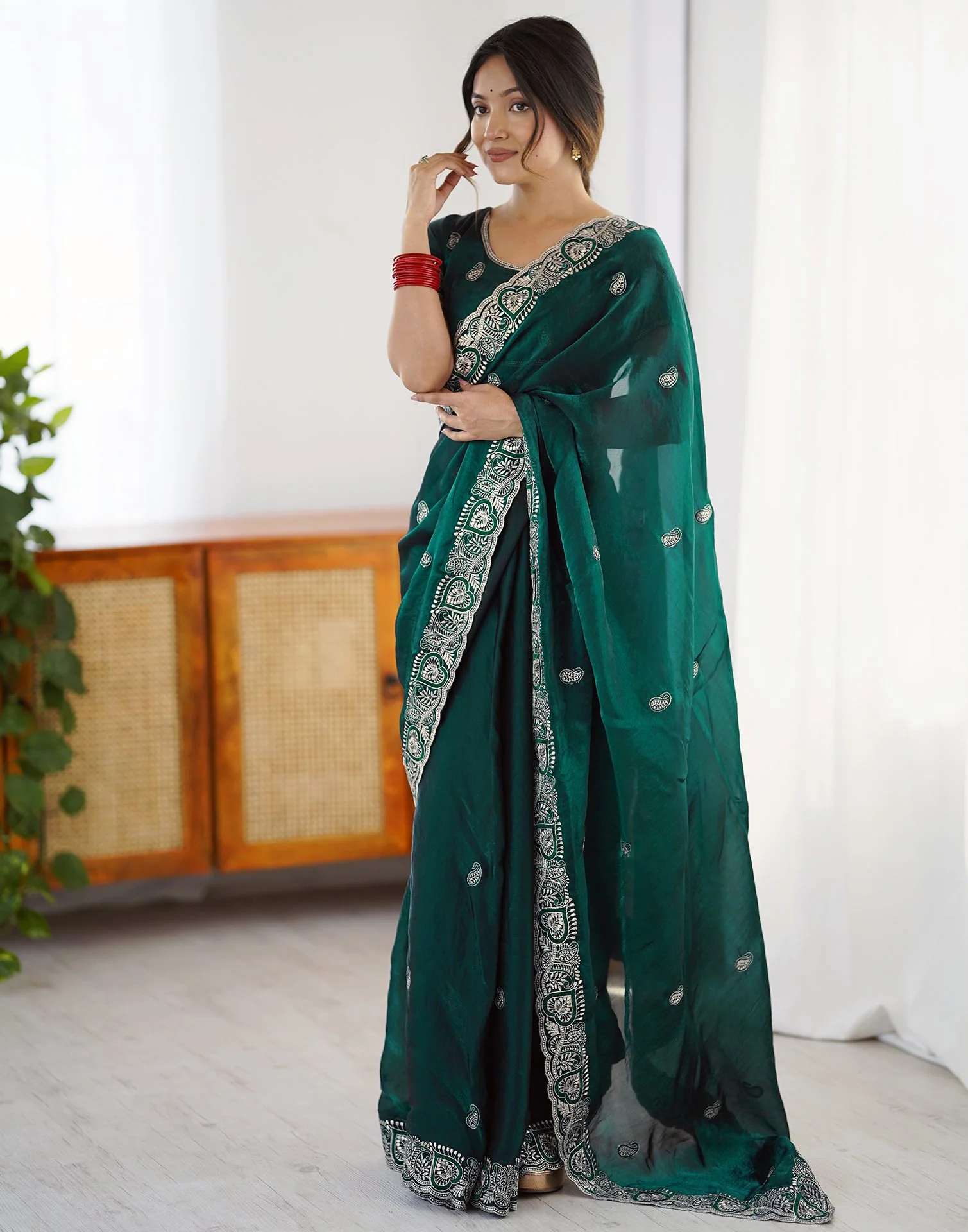 Green Tissue Silk Embroidery Saree - Image 9