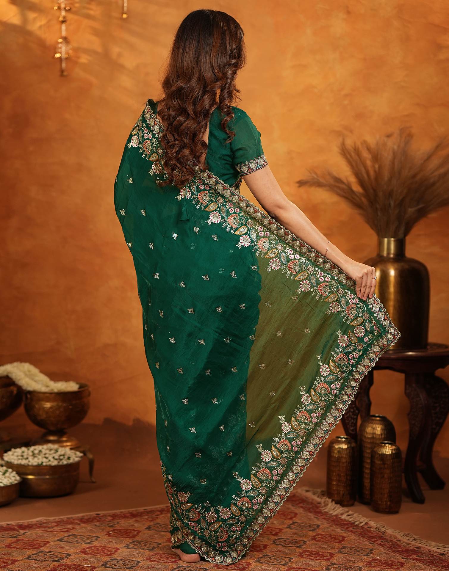 Green Tissue Silk Stone Work Embroidery Saree - Image 7