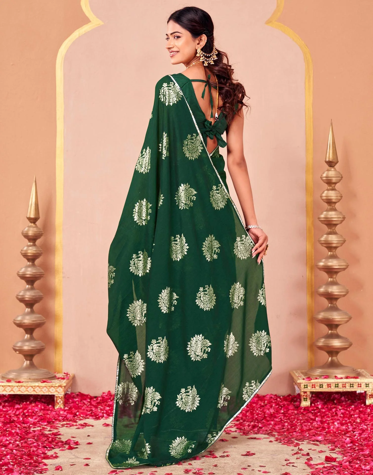 Green Vichitra Silk Foil Printed Gota Lace Saree - Image 5