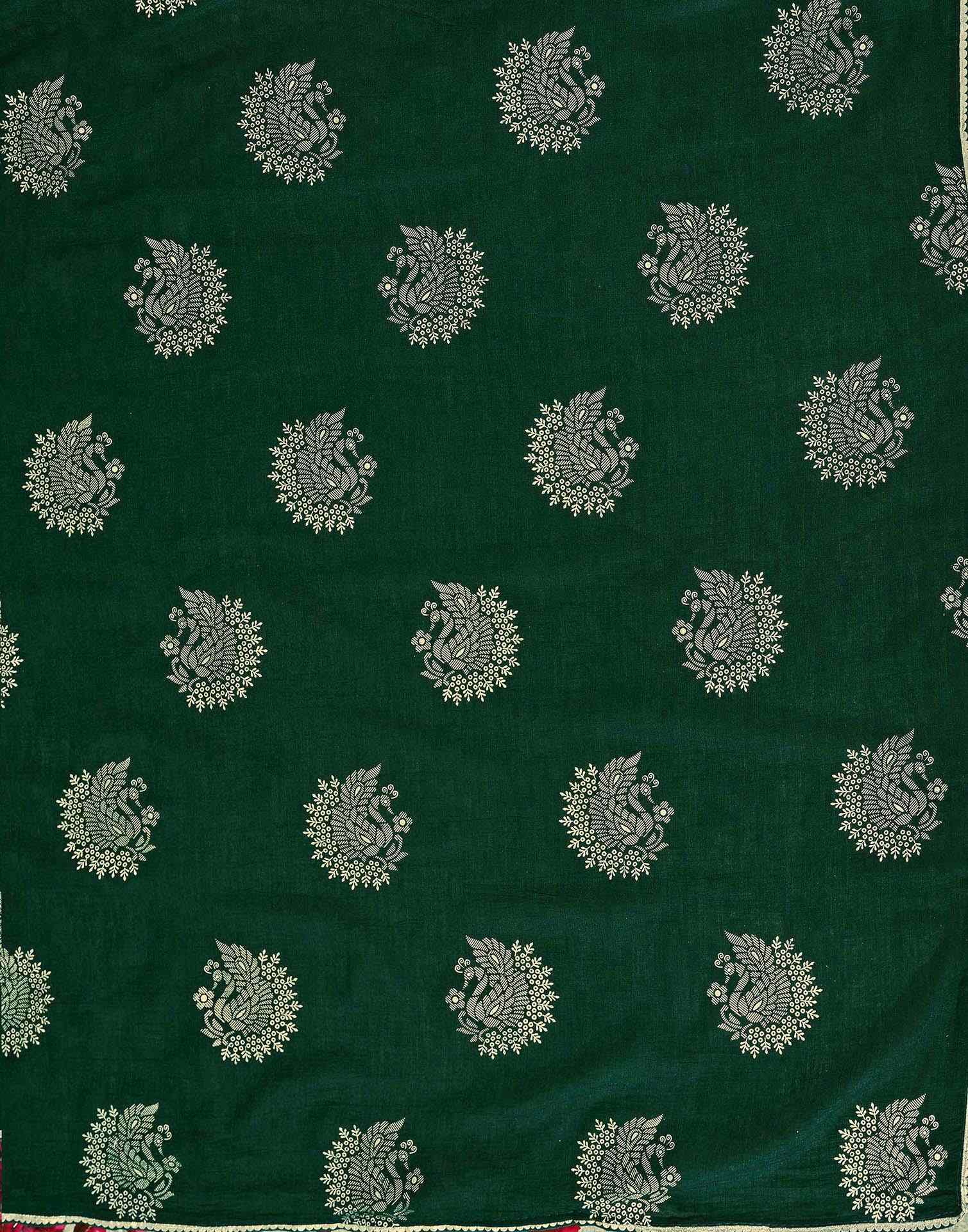 Green Vichitra Silk Foil Printed Gota Lace Saree - Image 6